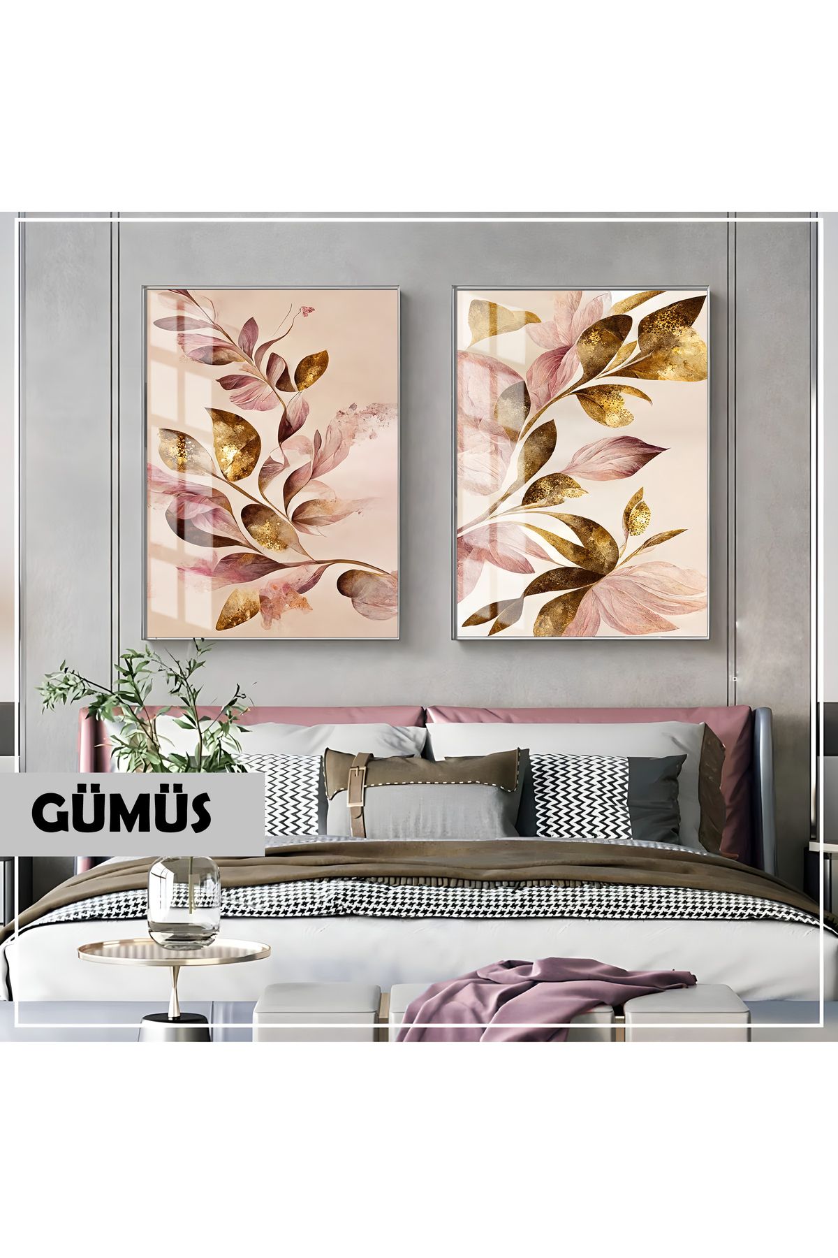 Harikabirev HARİKABİREV|PEMBE GOLD YAPRAKLAR KOMBİNİ(ELEGANT)|ÇERÇEVELİ CAM TABLO 2Lİ DİKEY