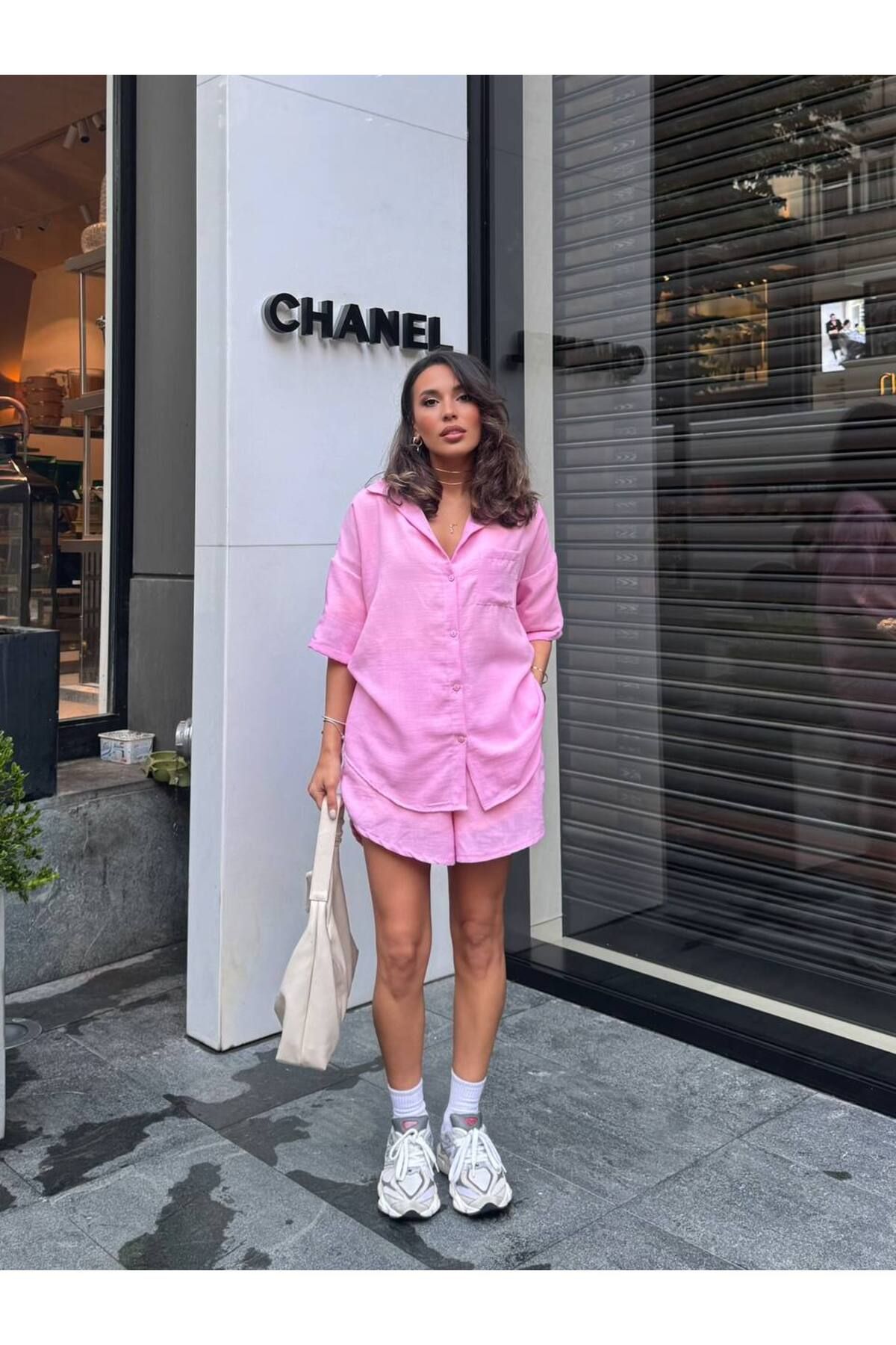 KUPAKIZI Kadın Pembe Renk Gömlek Şort Takım