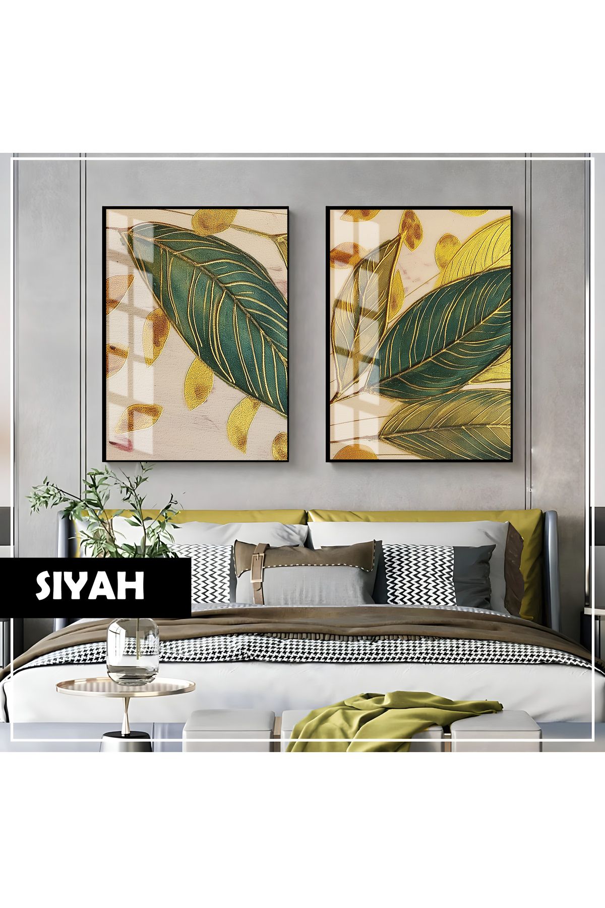 Harikabirev HARİKABİREV| GOLD-YEŞİL YAPRAK KOMBİNİ (ARTISTIC DESING) |ÇERÇEVELİ CAM TABLO 2Lİ DİKEY