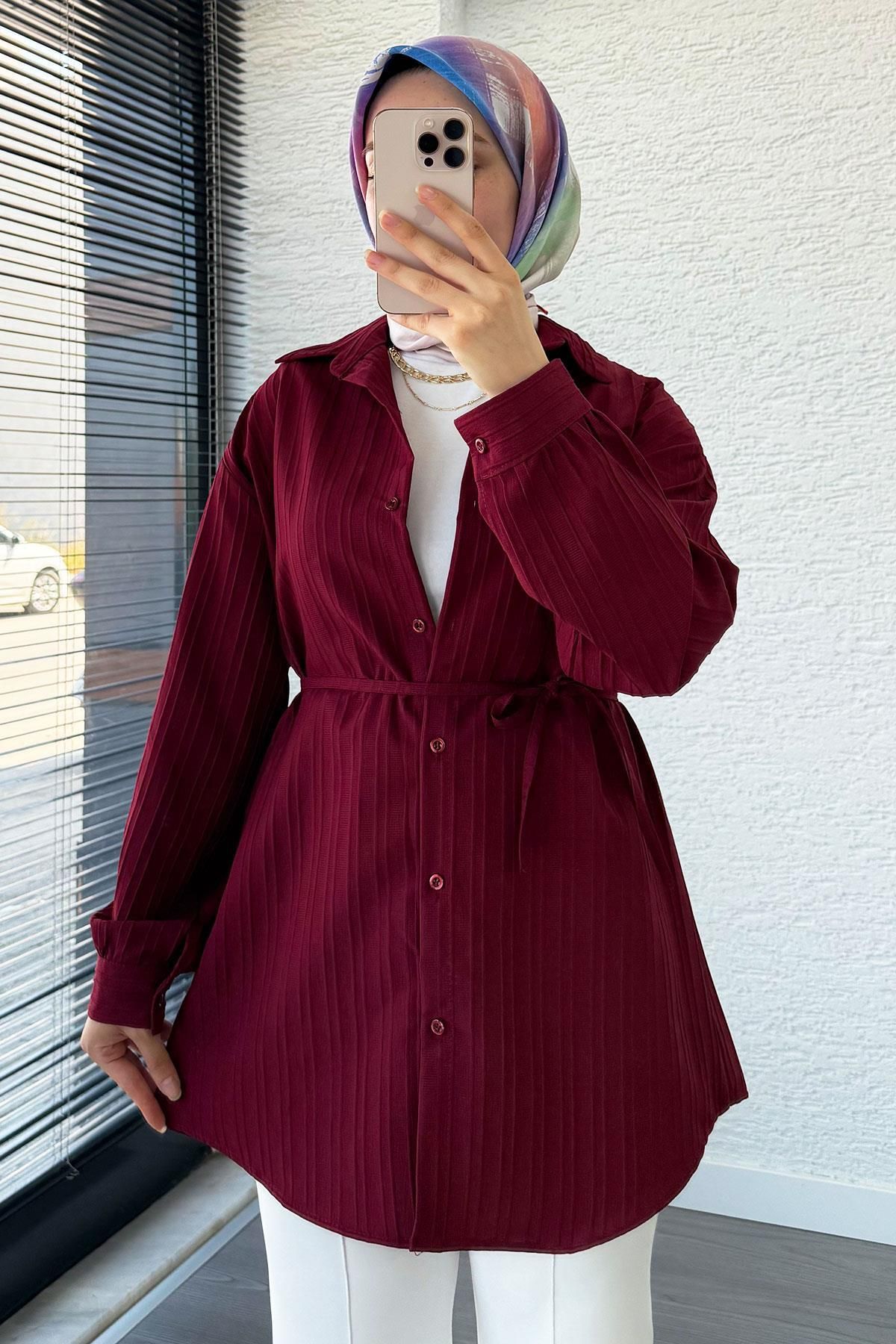 MELEK ARAZ Kuşak Detaylı Oversize Yazlık Tunik - Bordo