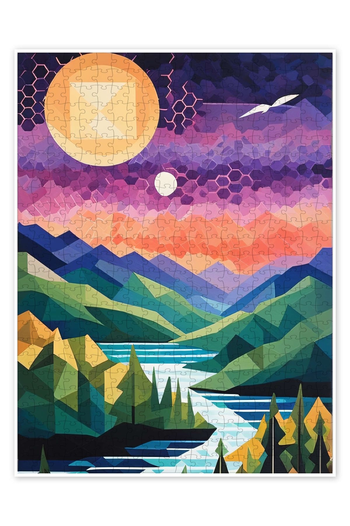 Jeronkarji Dağ Gölü Geometrik Tasarımlı Yorgan 500 Parça Puzzle Yapboz Bohem Soyut Sanat Temalı