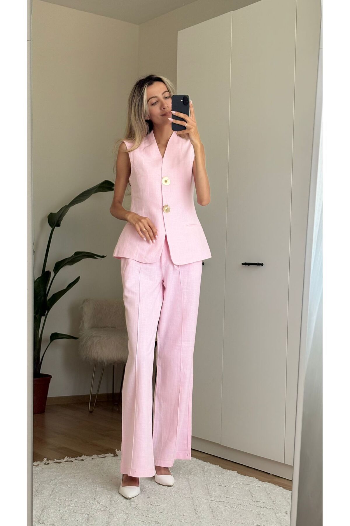 MODA Pembe Londra Yelek Pantolon Keten Takım