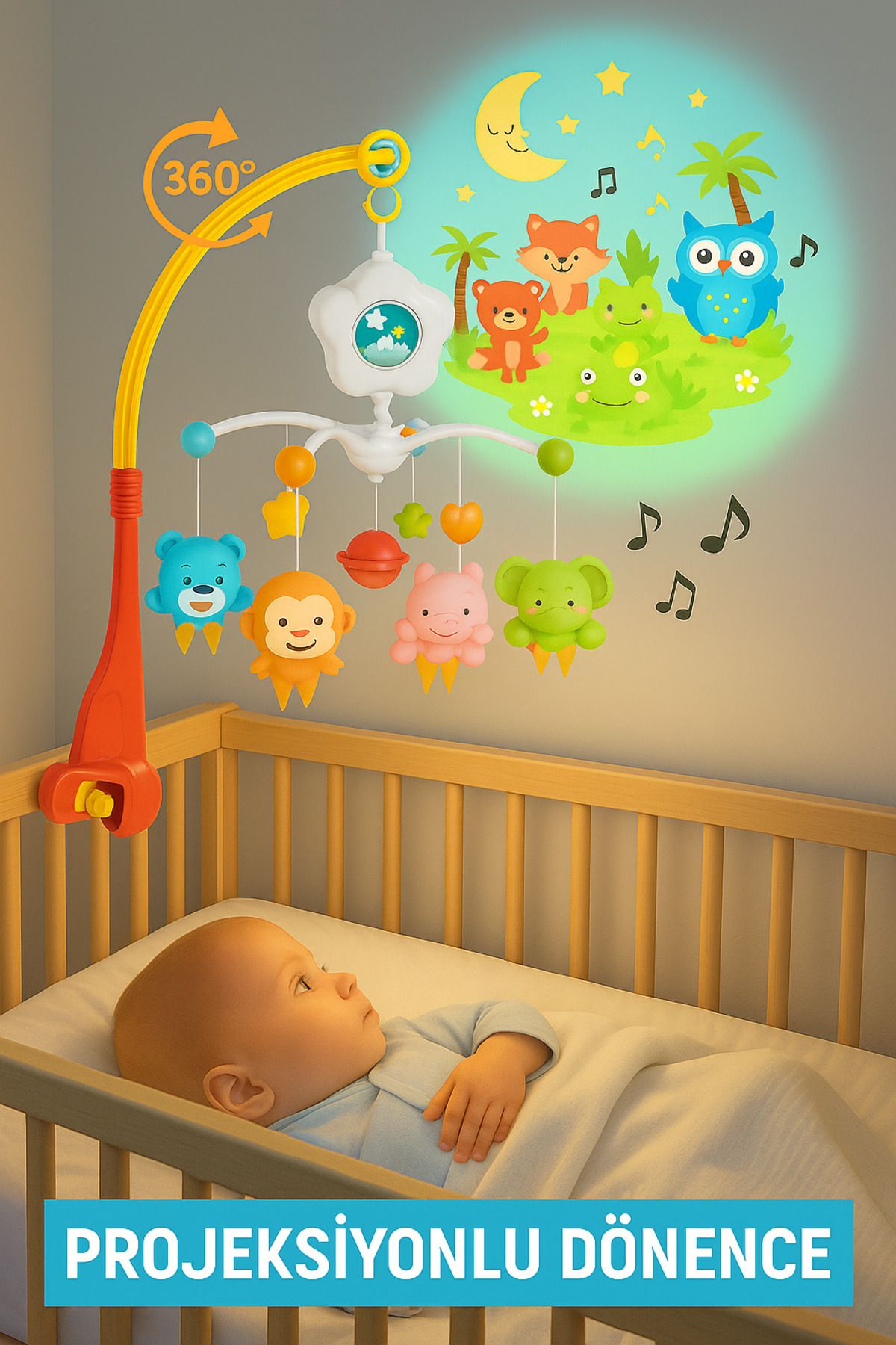 BABYCİM Projektörlü Müzikli Dönence – 360° Döner Bebek Beşik Oyuncağı