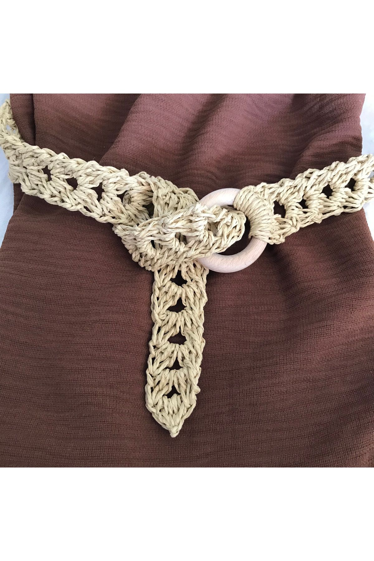 By G Tasarım Hasır Renk Kağıt ip Örgü Ahşap Tokalı Kemer (130 cm)