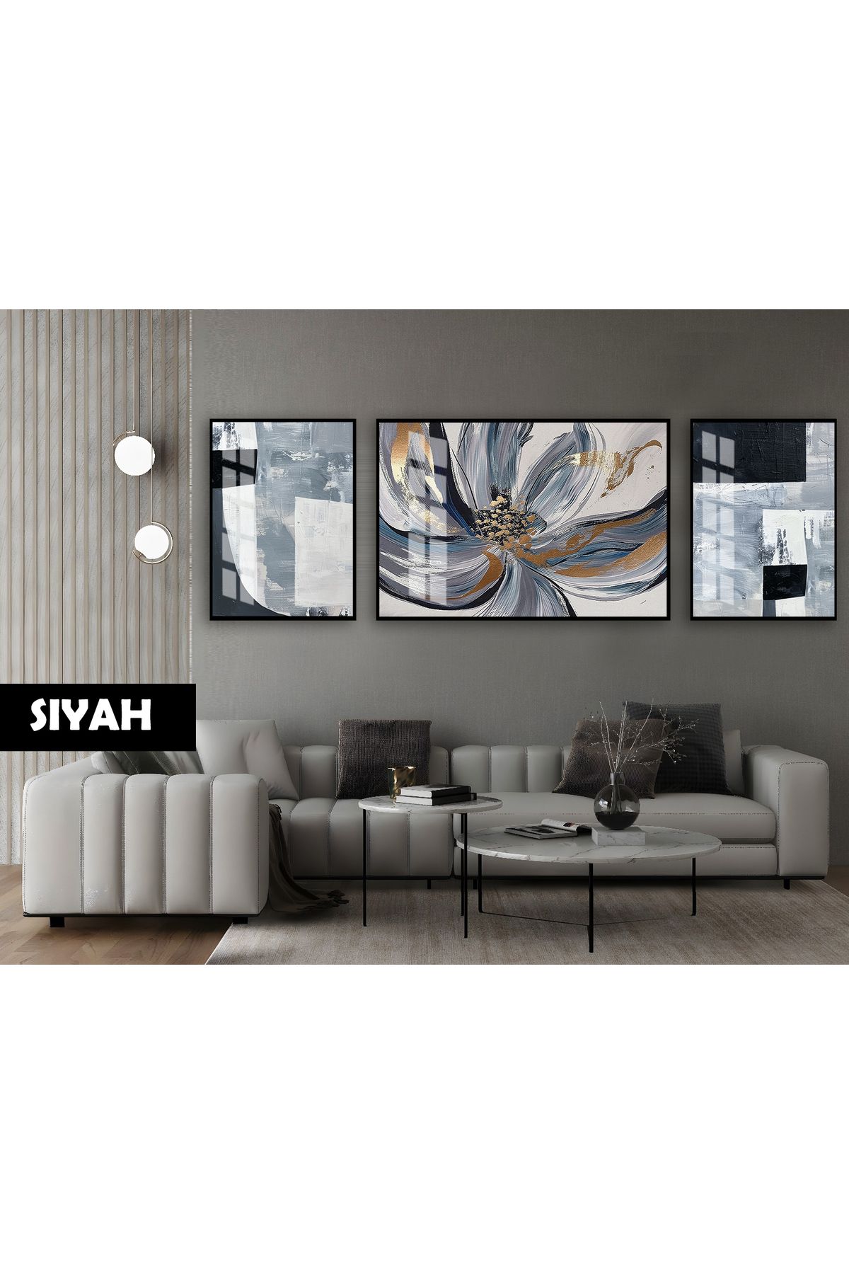 Harikabirev HARİKABİREV|(ABSTRACT) GRİ-GOLD MACRO ÇİÇEK MODELİ|ÇERÇEVELİ TEMPERLİ CAM TABLO 3LÜ YATAY