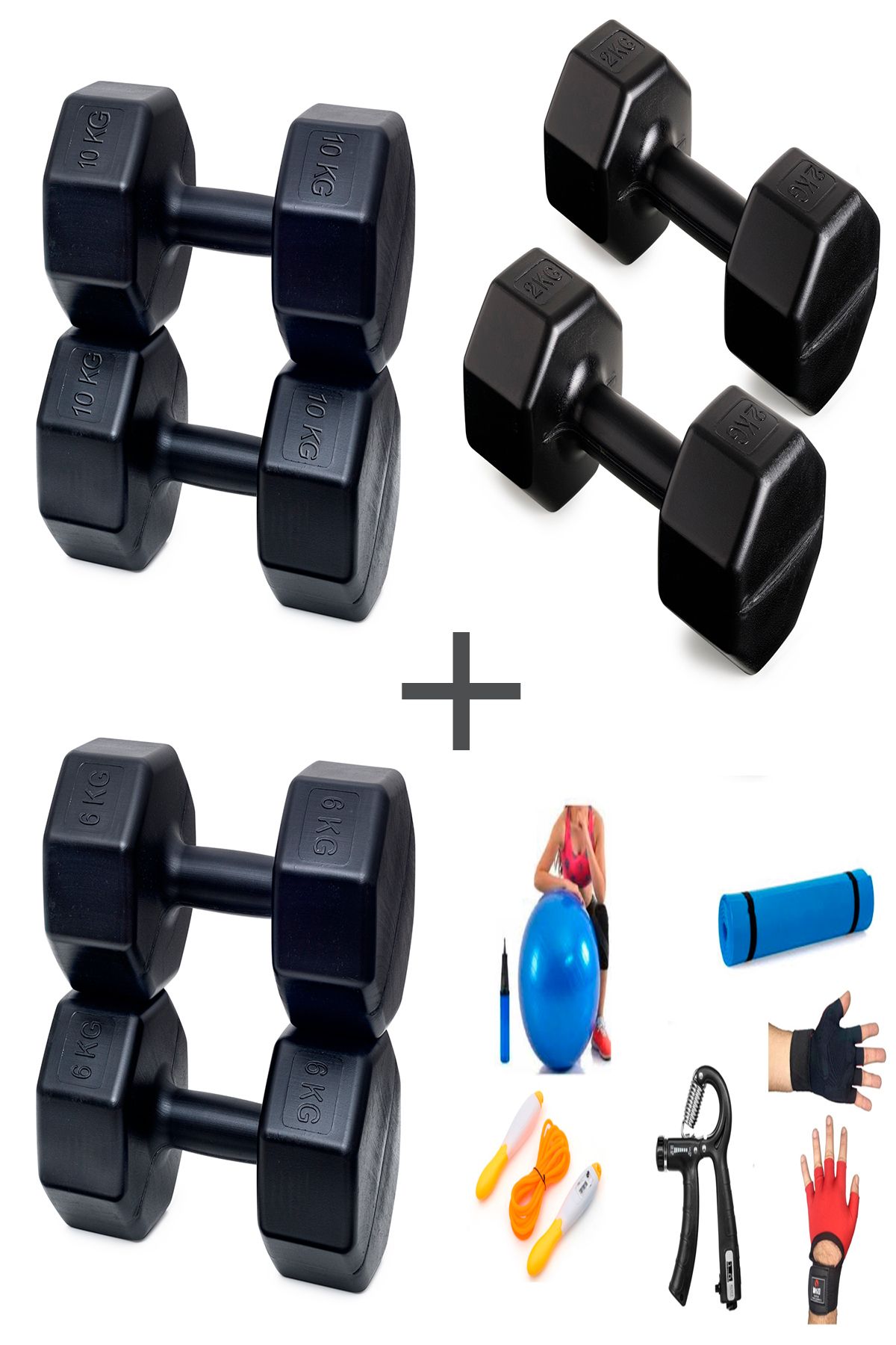 Besinistanbul PS SPOR 3 ÇİFT DAMBIL SET 2 KG + 6 KG + 10 KG + 5 ÇEŞİT EGZERSİZ SETİ