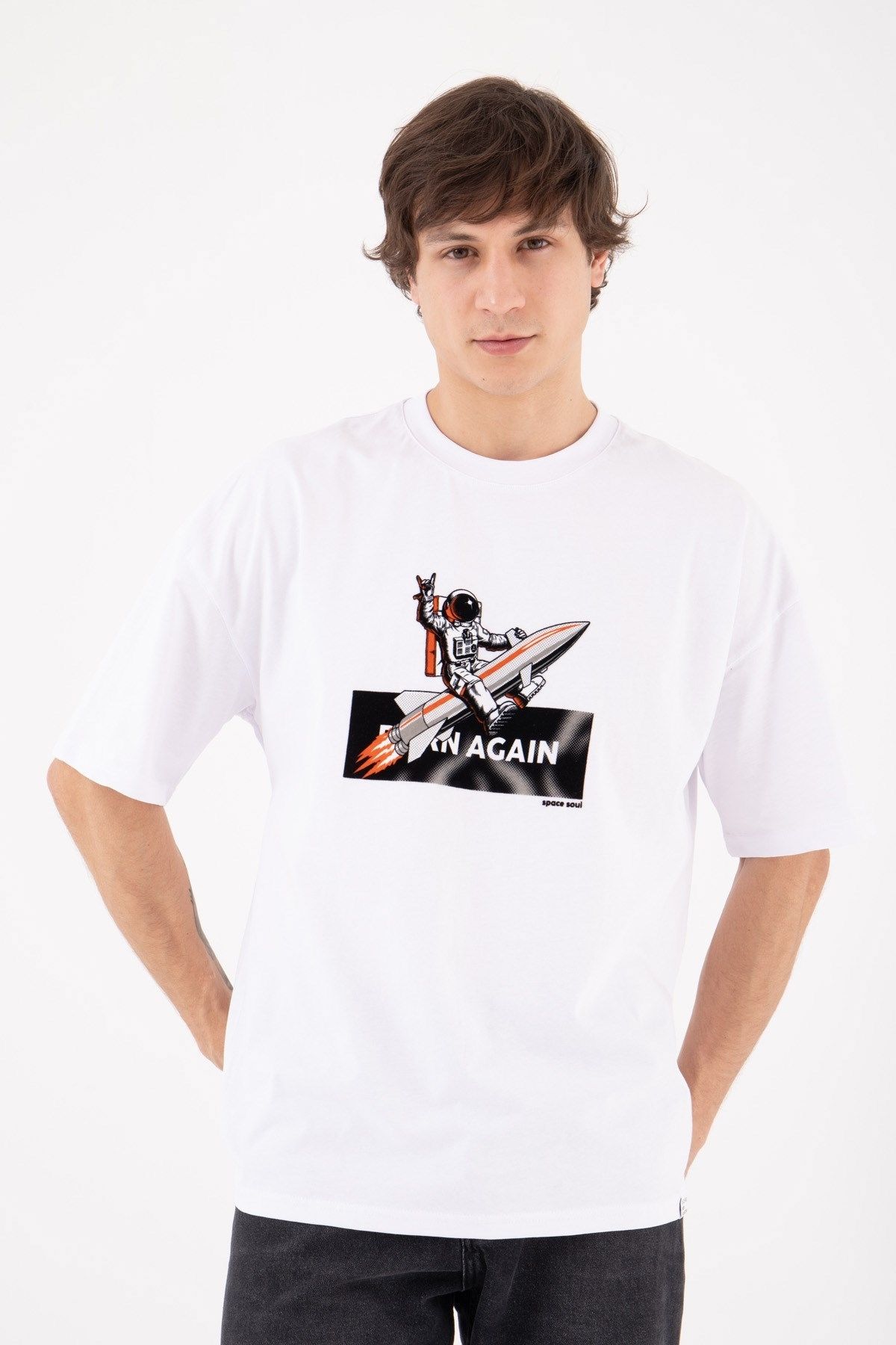 Chirkef Unisex Oversize 100% Pamuk Premium Kumaş Baskılı Bisiklet Yaka Sokak Stili T-Shirt Born Again SpaceX
