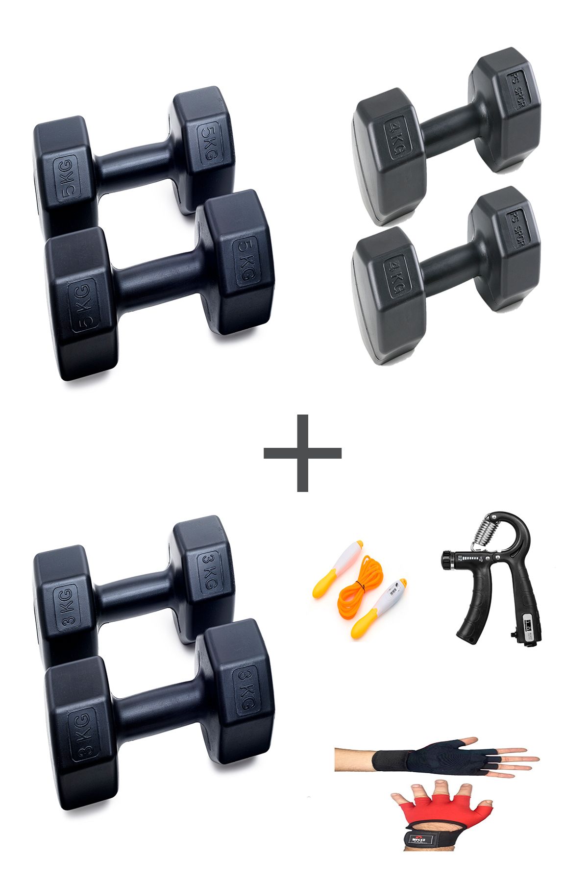 Besinistanbul PS SPOR 3 ÇİFT DAMBIL SET 3 KG + 4 KG +5 KG + ELDİVEN AYARLANABİLİR SAYAÇLI YAY VE ATLAMA İPİ