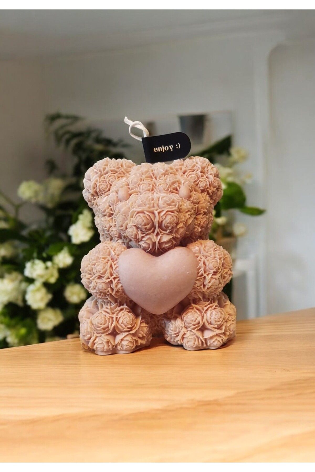 FS CANDLE & HOME Decoration - Accesories Gül Detaylı Kalpli Büyük Ayıcık Dekoratif ve Hediyelik Kokulu Organik Soya Mumu
