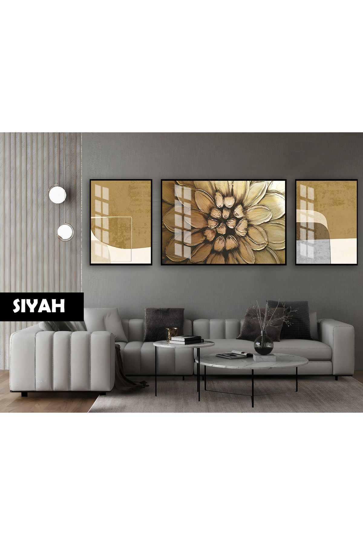 Harikabirev HARİKABİREV|(ABSTRACT) GOLD YILDIZ ÇİÇEĞİ MODELİ (STAR) |ÇERÇEVELİ TEMPERLİ CAM TABLO 3LÜ YATAY