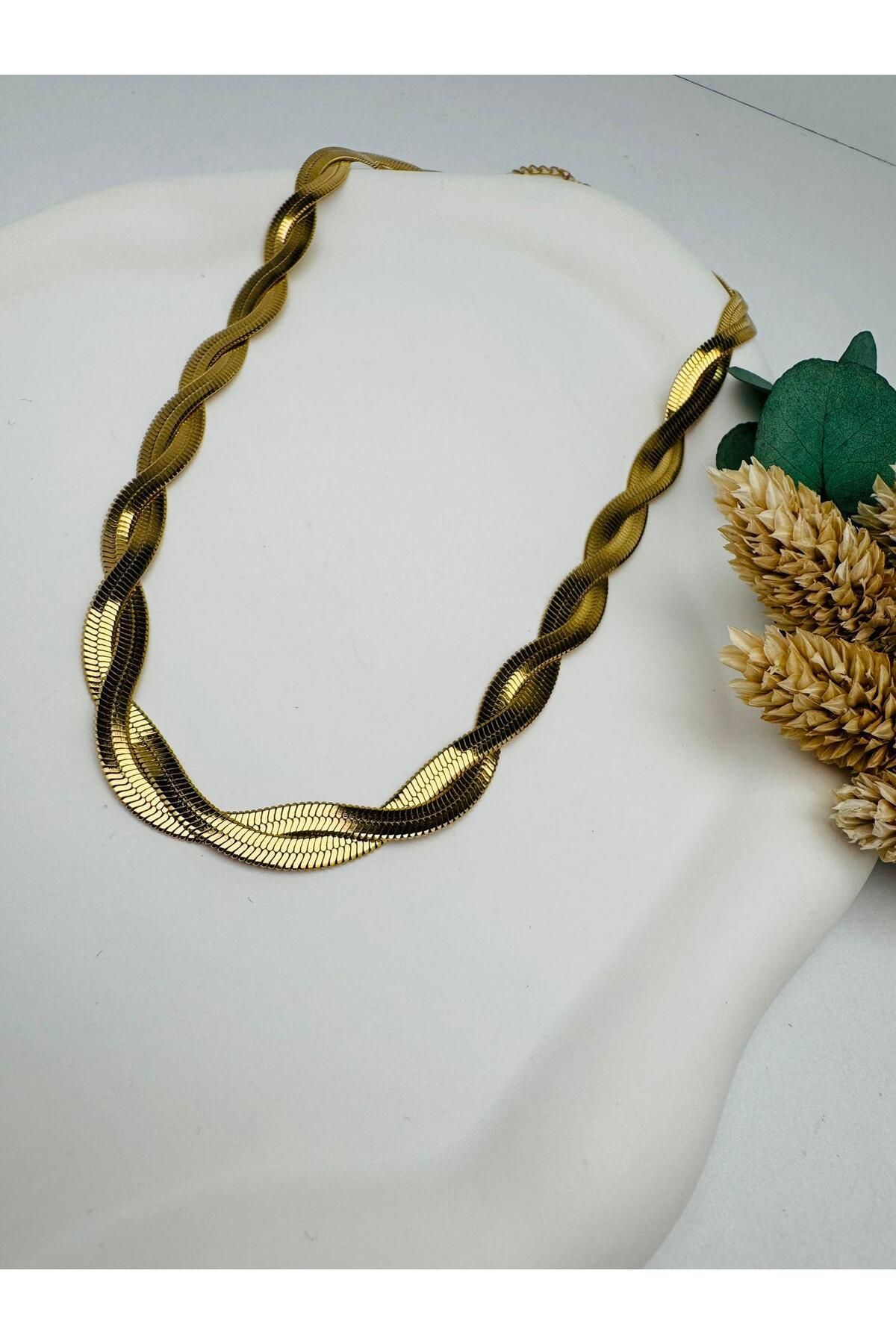 nerede bulurum İkili Örgü Çelik Kolye (Gold) 010695