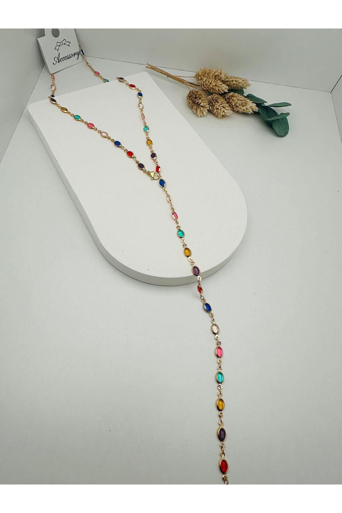 HEDİYELANDY 60 Cm Renkli Taşlı Tasarım Bijuteri Y Kolye (Gold) 010702