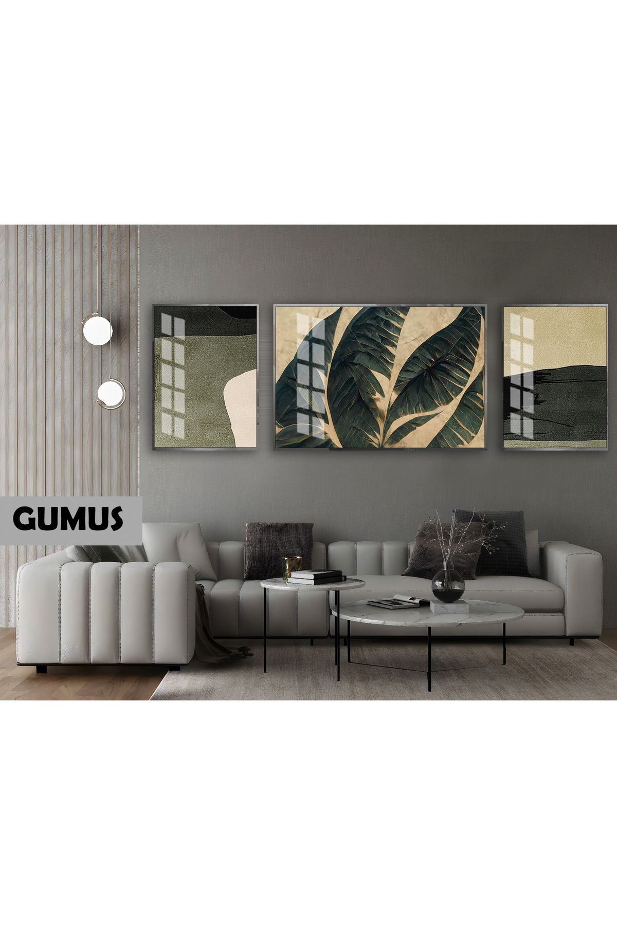 Harikabirev HARİKABİREV|(ABSTRACT) YEŞİL PALM YAPRAK MODELİ|ÇERÇEVELİ TEMPERLİ CAM TABLO 3LÜ YATAY