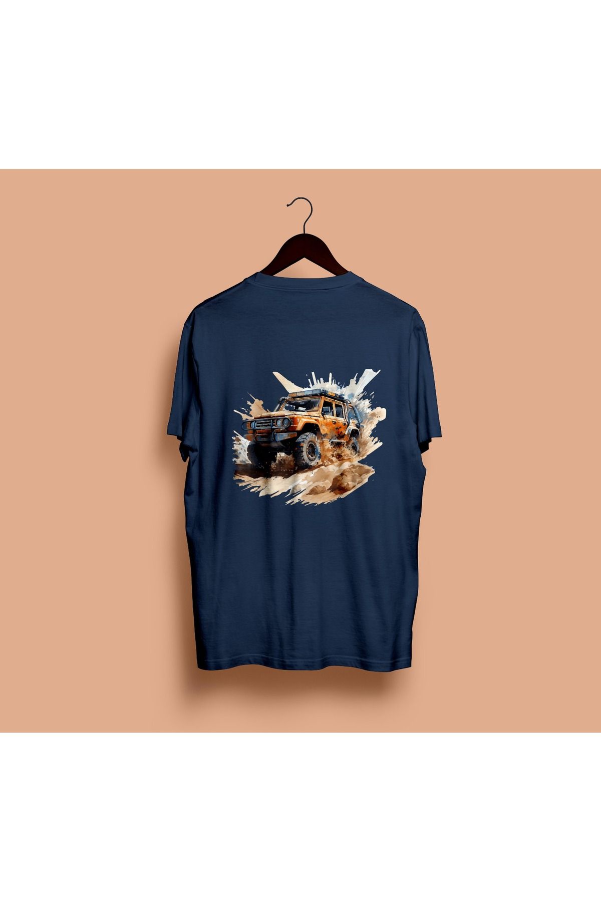 MODA KISA KOLLU SIRT BASKILI REGULAR KALIP TURUNCU OFF-ROAD ARABA DESENLİ T-SHIRT