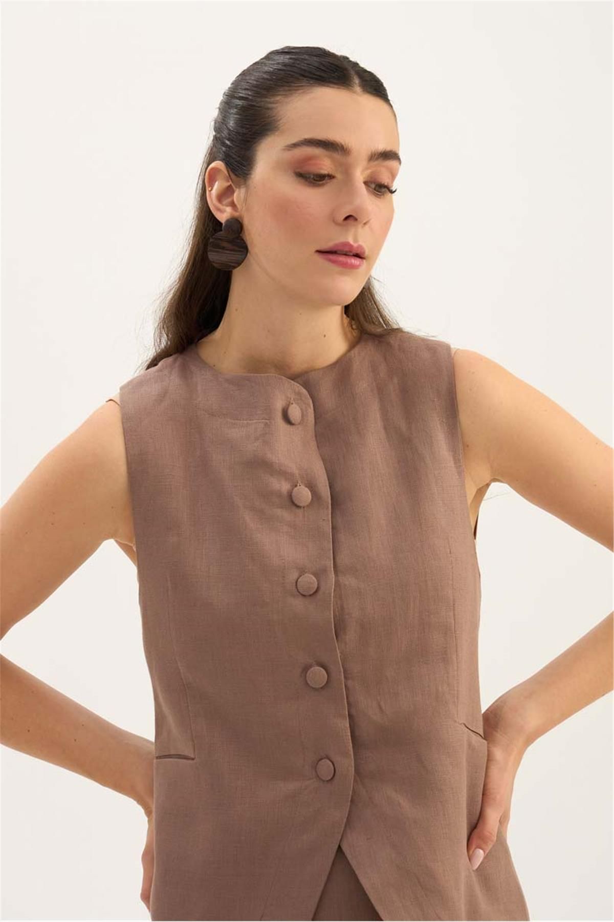 ALYOSHA FASHION %100 Keten Düğmeli Yelek Vizon