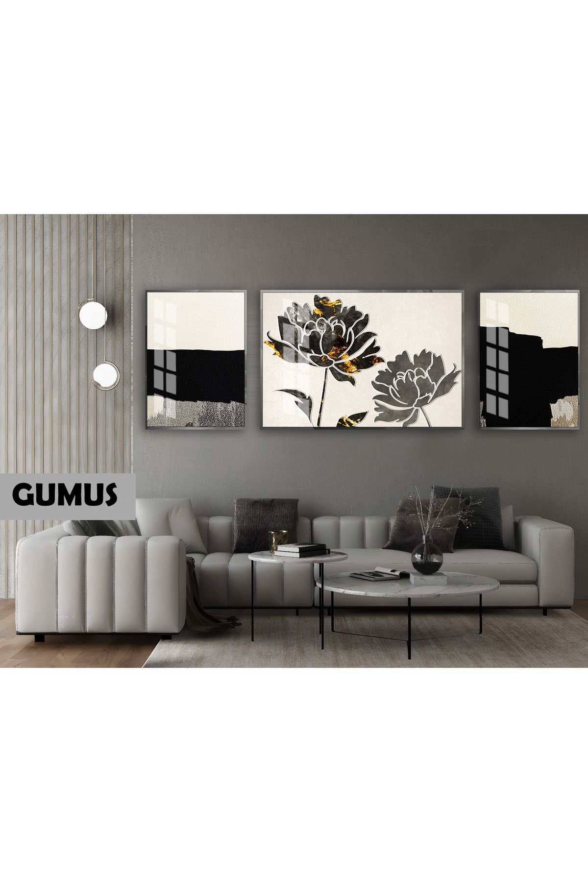 Harikabirev HARİKABİREV|(ABSTRACT) GARDENYA ÇİÇEK MODELİ|ÇERÇEVELİ TEMPERLİ CAM TABLO 3LÜ YATAY