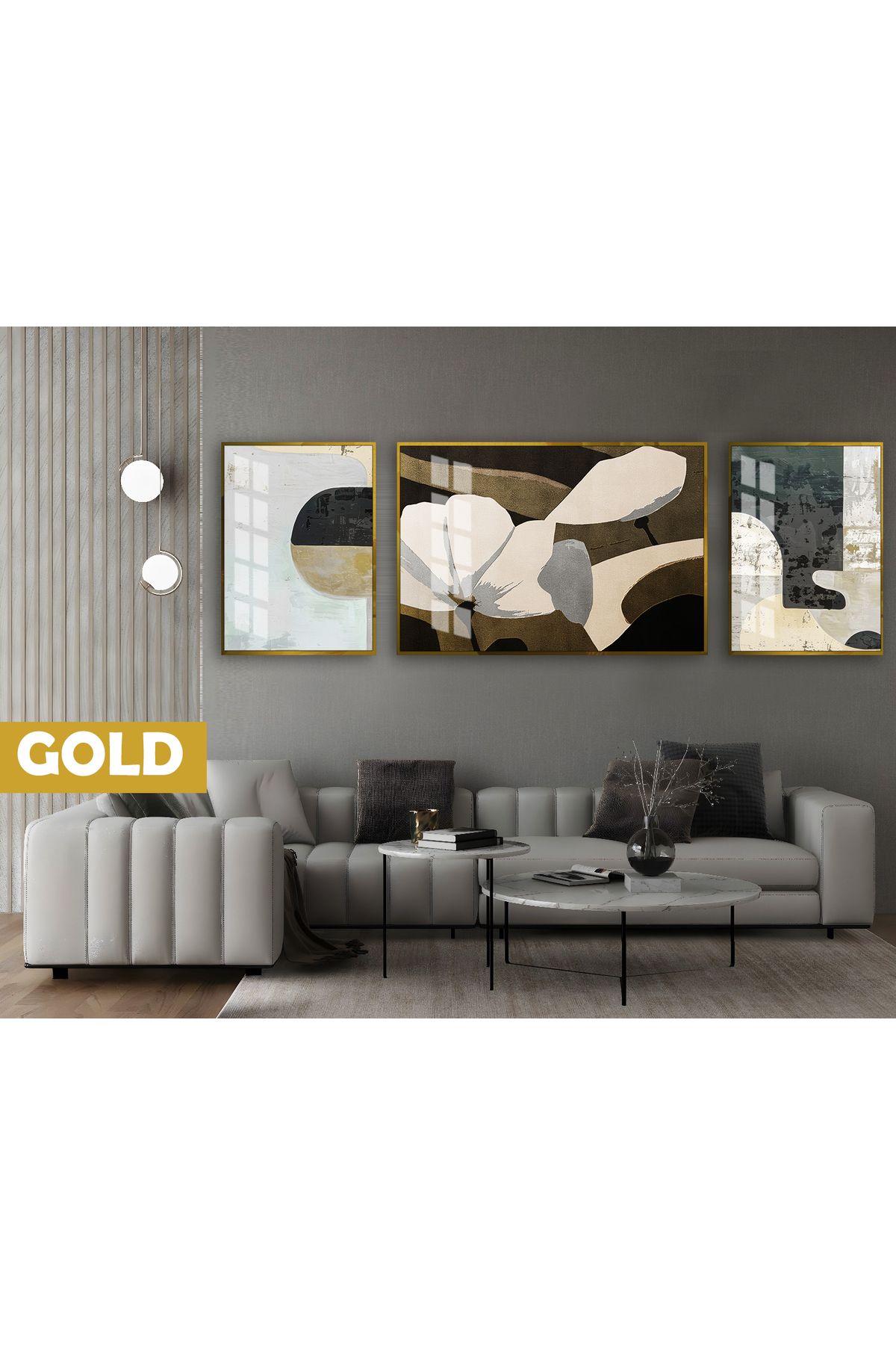 Harikabirev HARİKABİREV|(ABSTRACT) SOFT RENK ÇİÇEK MODELİ (LILLY) |ÇERÇEVELİ TEMPERLİ CAM TABLO 3LÜ YATAY