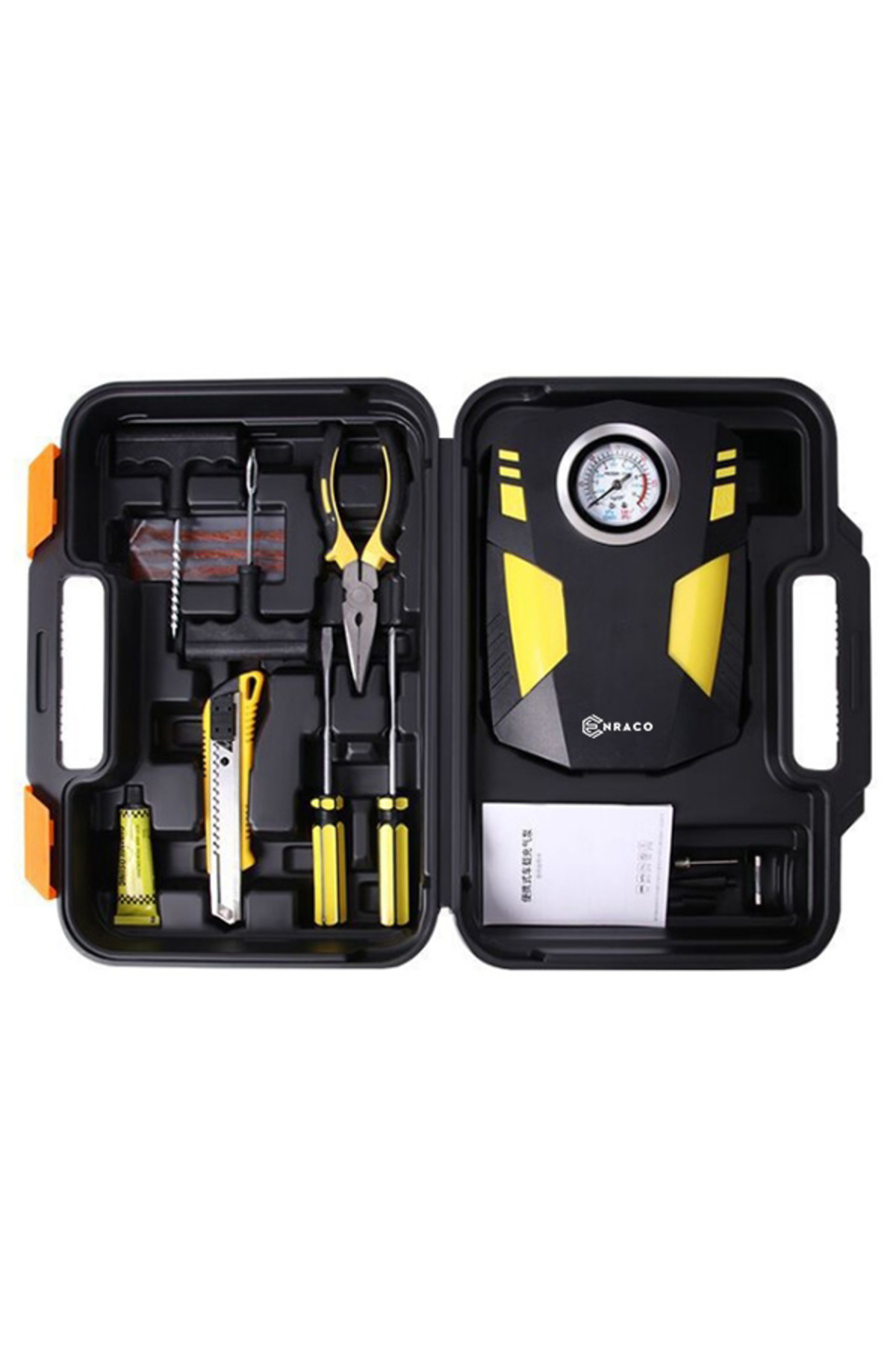 Enraco 12V Taşınabilir Hava Pompası Kompresör Araç Lastik Şişirme ve Tamir Seti Siyah