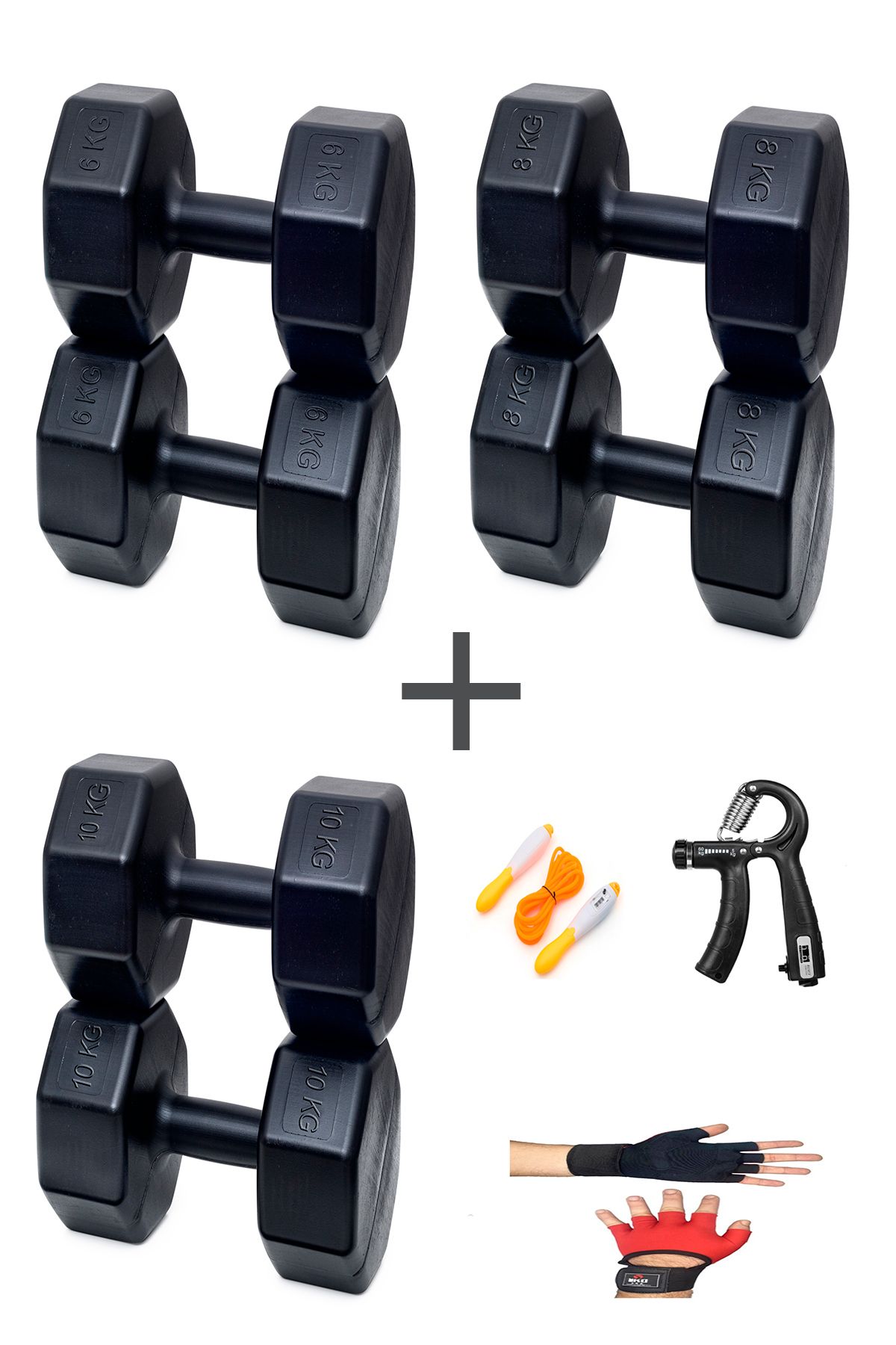Besinistanbul PS SPOR 3 ÇİFT DAMBIL SET 6 KG + 8 KG + 10 KG + ELDİVEN AYARLANABİLİR SAYAÇLI YAY VE ATLAMA İPİ