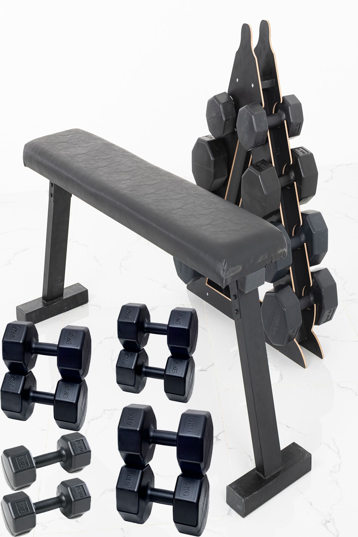 Besinistanbul PS SPOR 4 ÇİFT DAMBIL SET 4 KG+6 KG+8 KG+10 KG + KATLANABİLİR AĞIRLIK(BENCH)SEHPASI VE DAMBIL STANDI