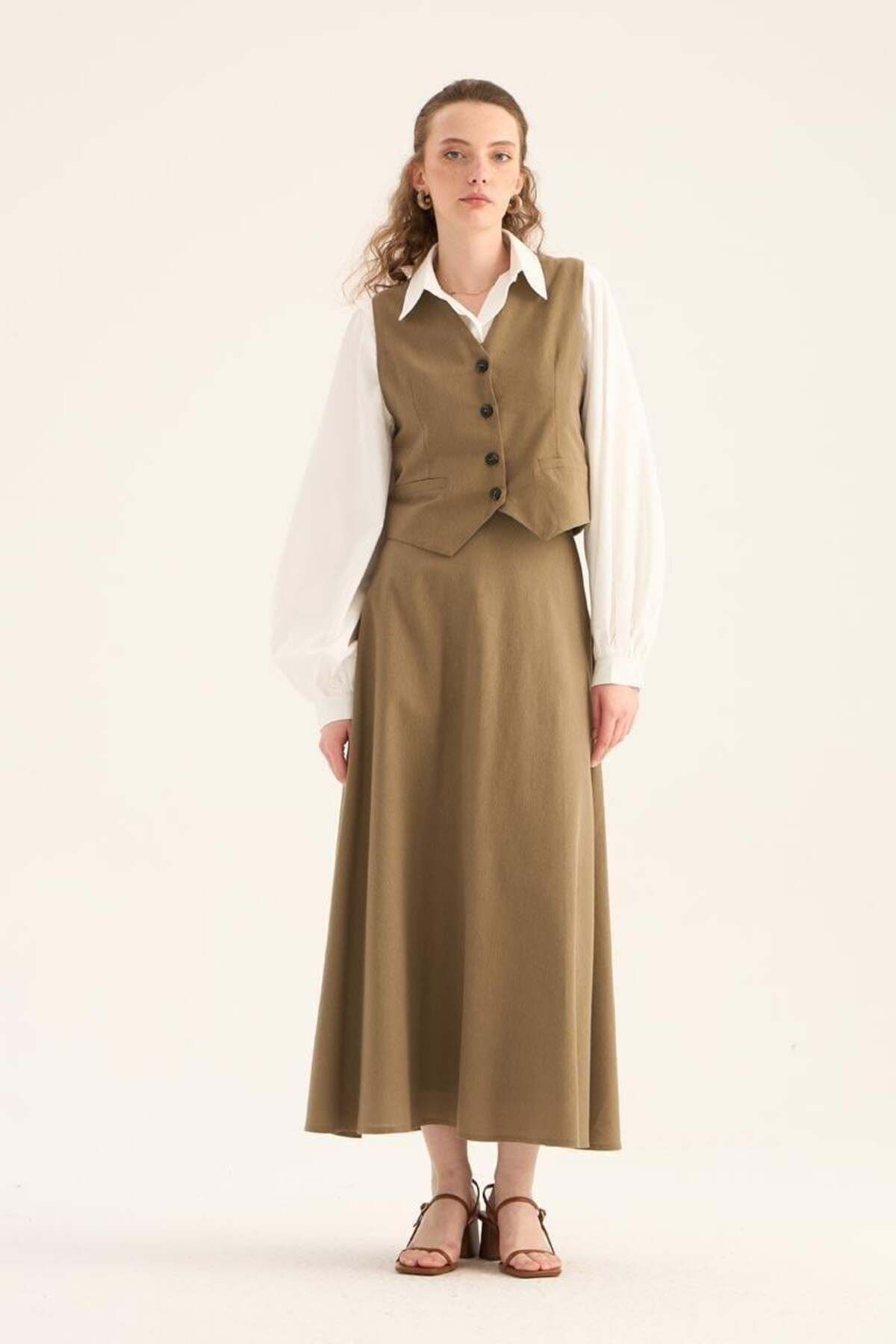 ALYOSHA FASHION Keten Klasik Yelek Haki