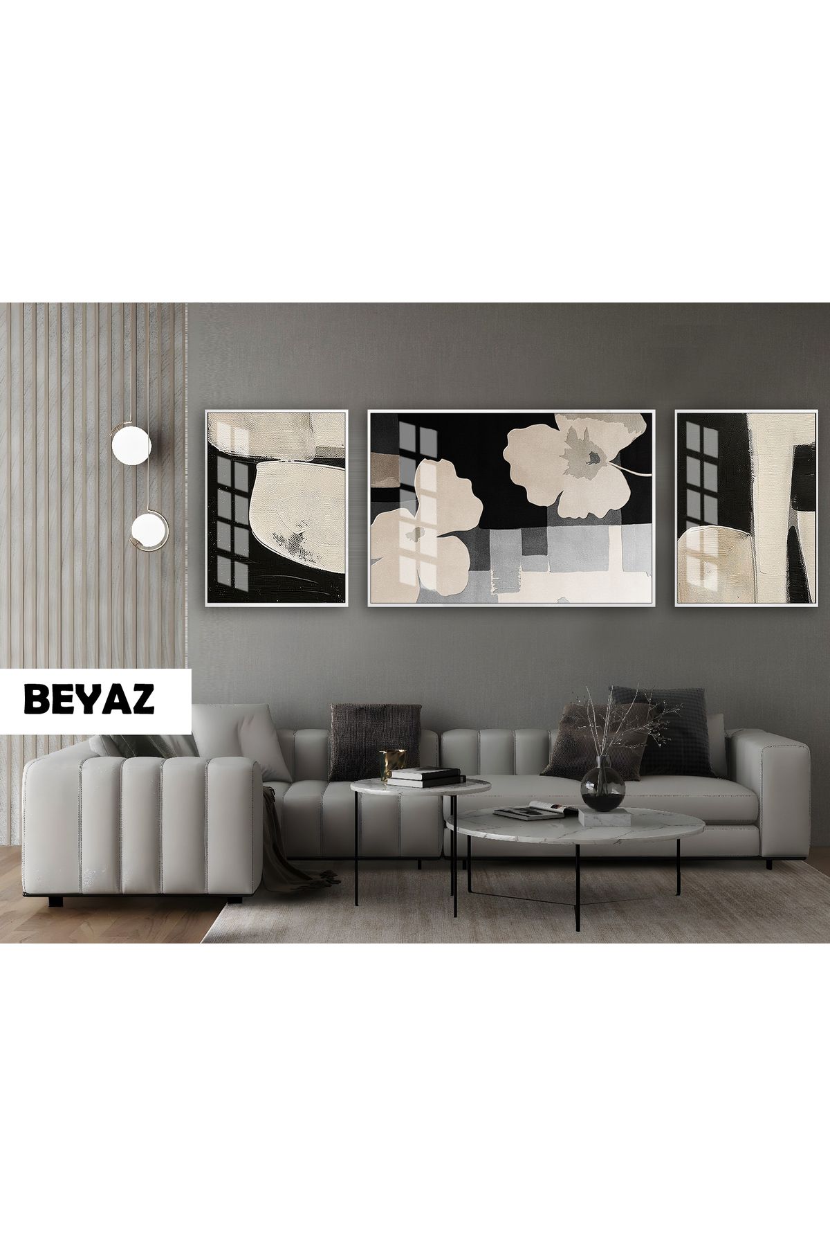 Harikabirev HARİKABİREV|(ABSTRACT) SOFT RENK ÇİÇEK MODELİ (DAISY) |ÇERÇEVELİ TEMPERLİ CAM TABLO 3LÜ YATAY