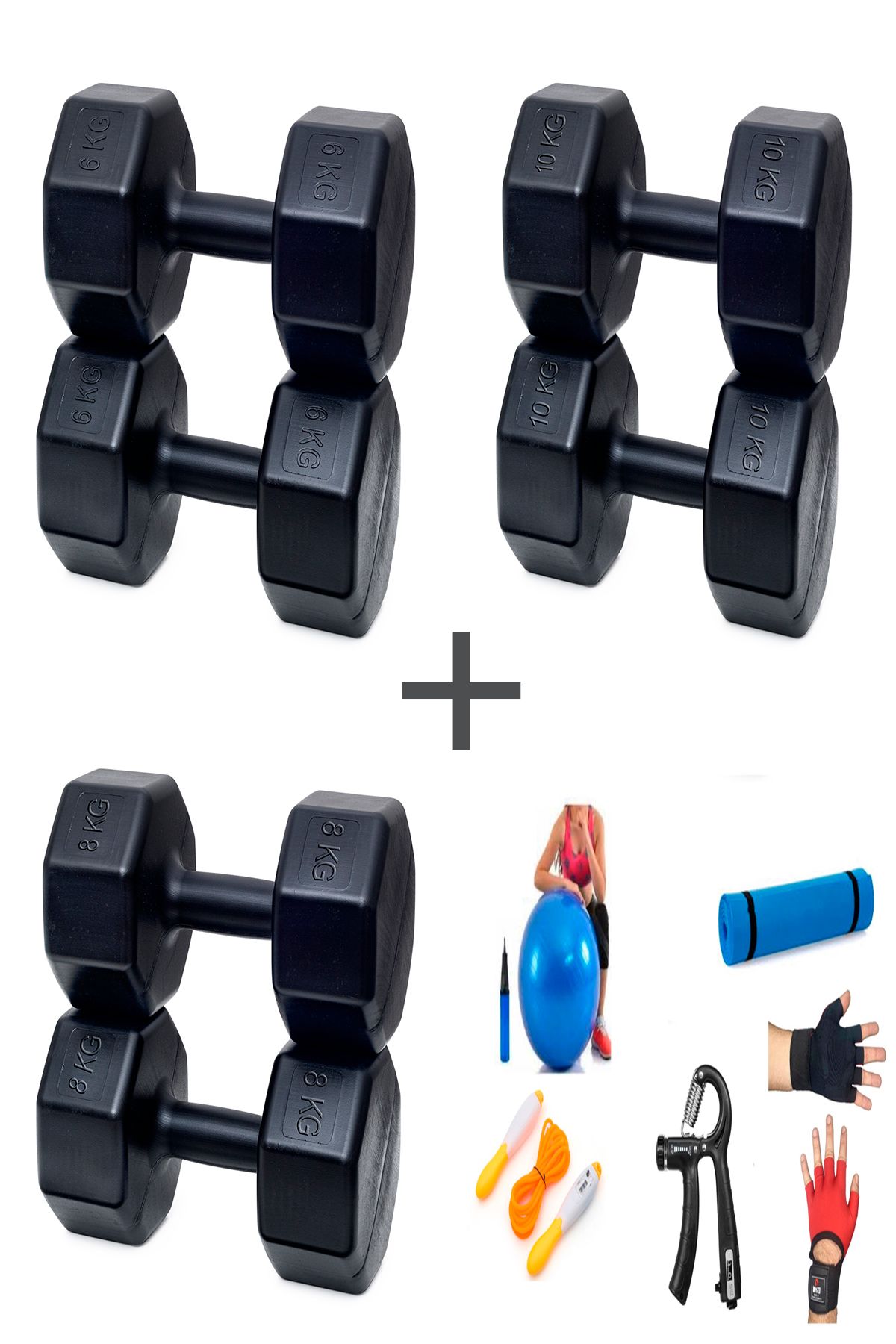 Besinistanbul PS SPOR 3 ÇİFT DAMBIL SET 6 KG + 8 KG + 10 KG + 5 ÇEŞİT EGZERSİZ SETİ