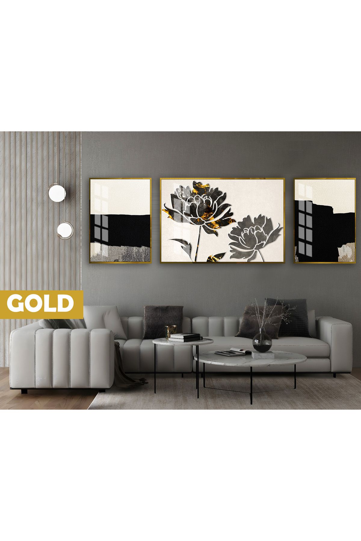 Harikabirev HARİKABİREV|(ABSTRACT) GARDENYA ÇİÇEK MODELİ|ÇERÇEVELİ TEMPERLİ CAM TABLO 3LÜ YATAY