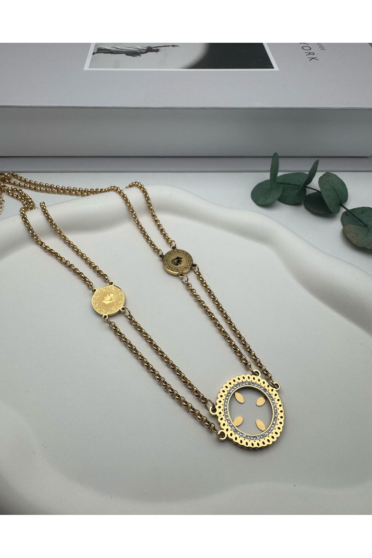 HEDİYELANDY Çeyrek Takmalı Çelik Kolye (Gold) 0106174
