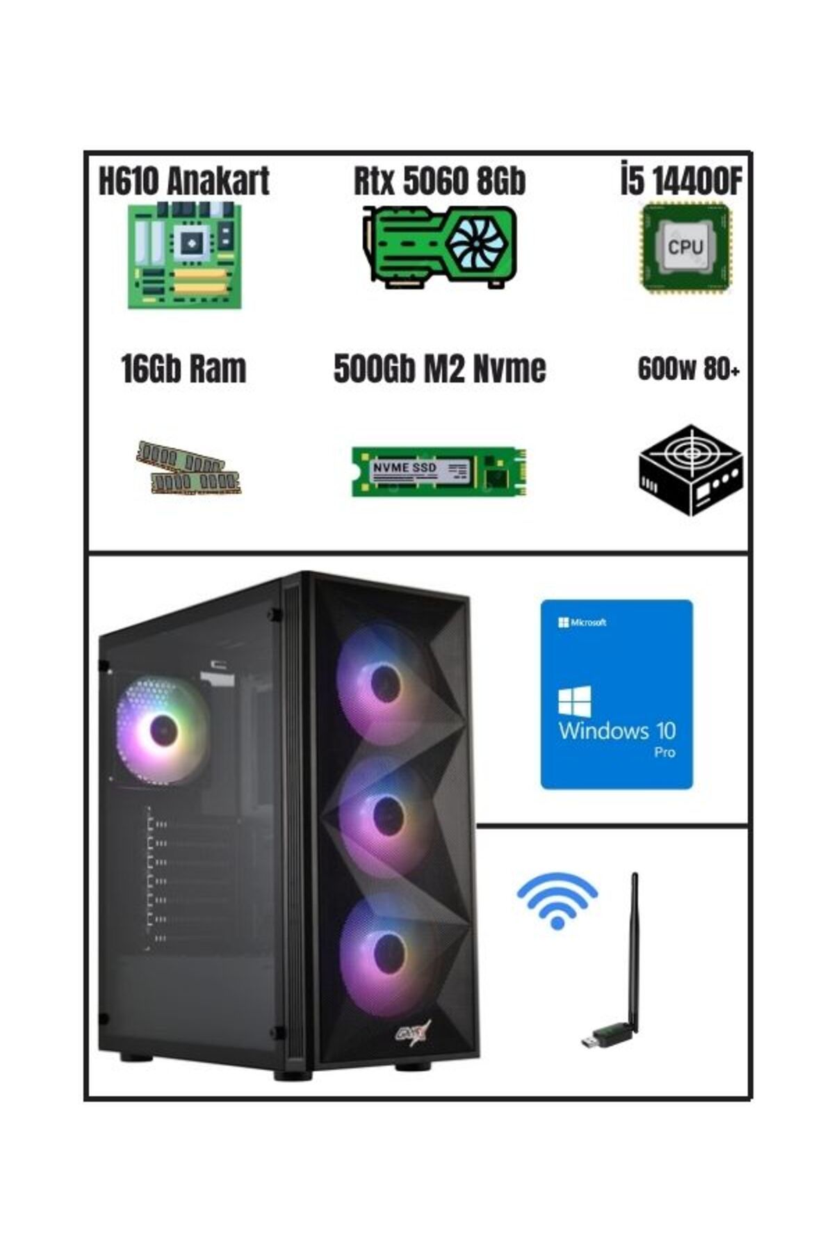 RAMTECH RMT1506 RTX 5060 8GB | i5 14400F | 16GB RAM | 500GB M.2 SSD | Gaming Bilgisayar | Win10 Pro | WiFi