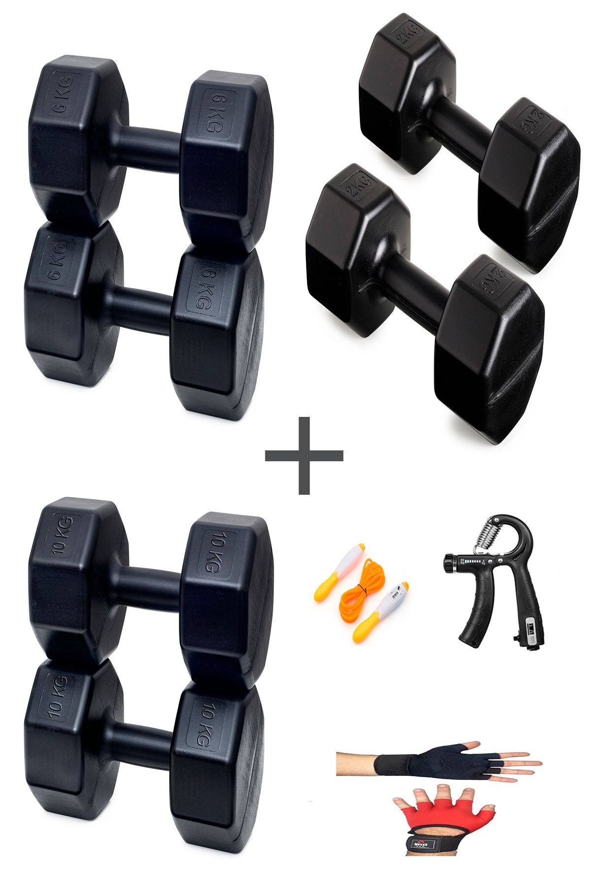 Besinistanbul PS SPOR 3 ÇİFT DAMBIL SET 2 KG + 6 KG + 10 KG + ELDİVEN AYARLANABİLİR SAYAÇLI YAY VE ATLAMA İPİ
