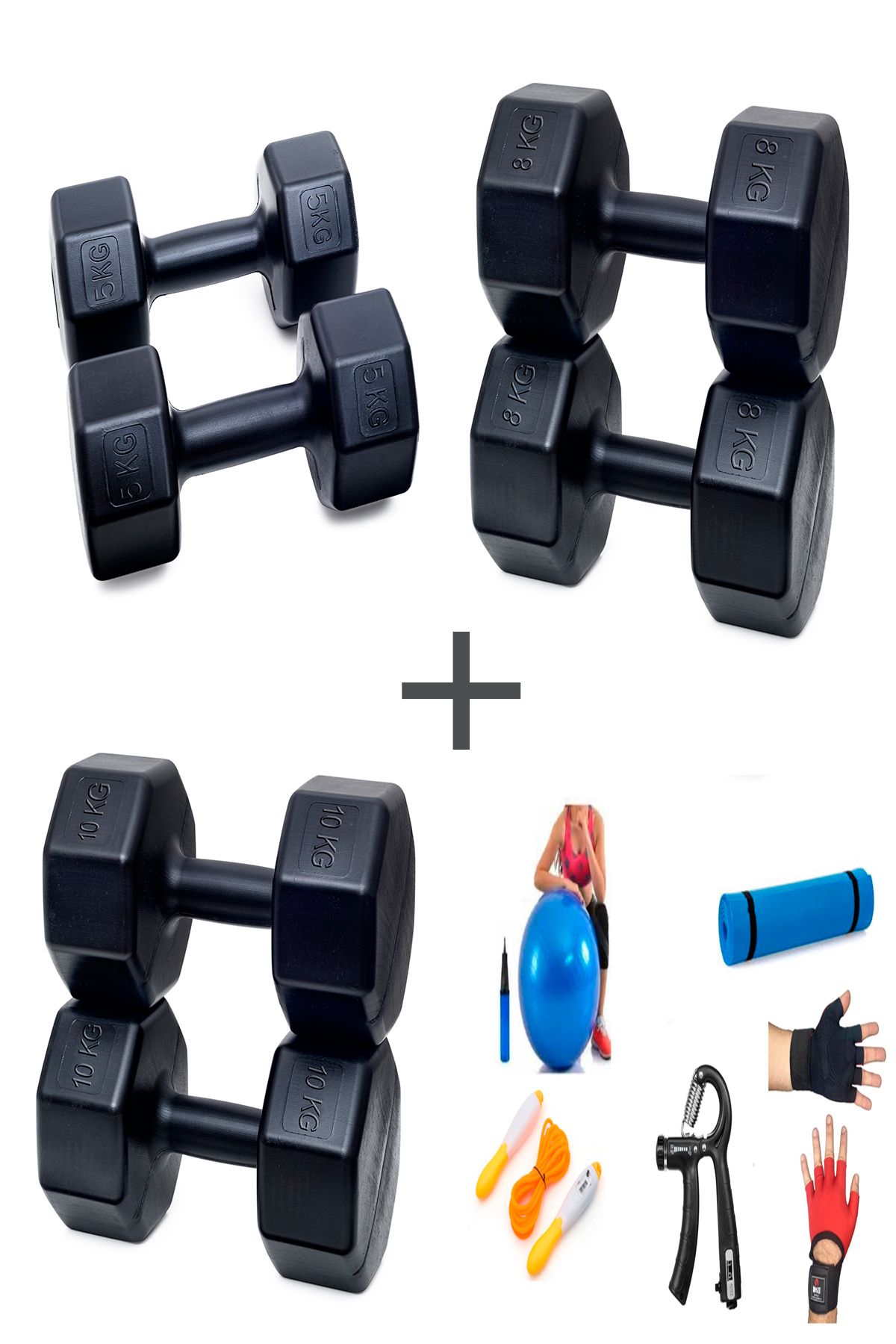 Besinistanbul PS SPOR 3 ÇİFT DAMBIL SET 5 KG + 8 KG + 10 KG + 5 ÇEŞİT EGZERSİZ SETİ