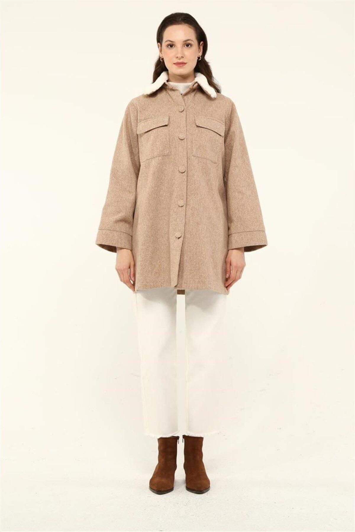 ALYOSHA FASHION Yakası Tüylü Kaban Camel