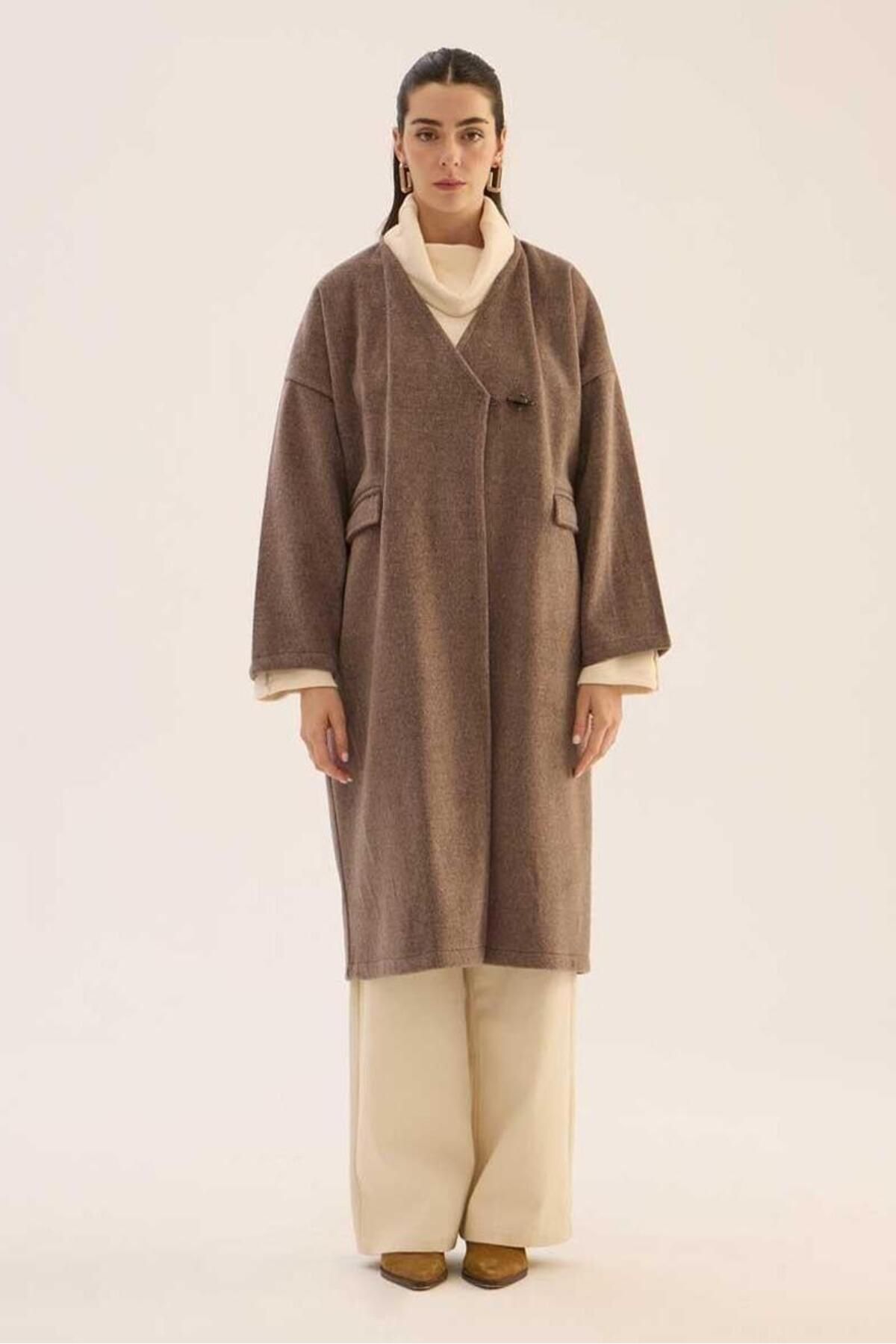 ALYOSHA FASHION Astarsız Kaşe Kaban Kahverengi