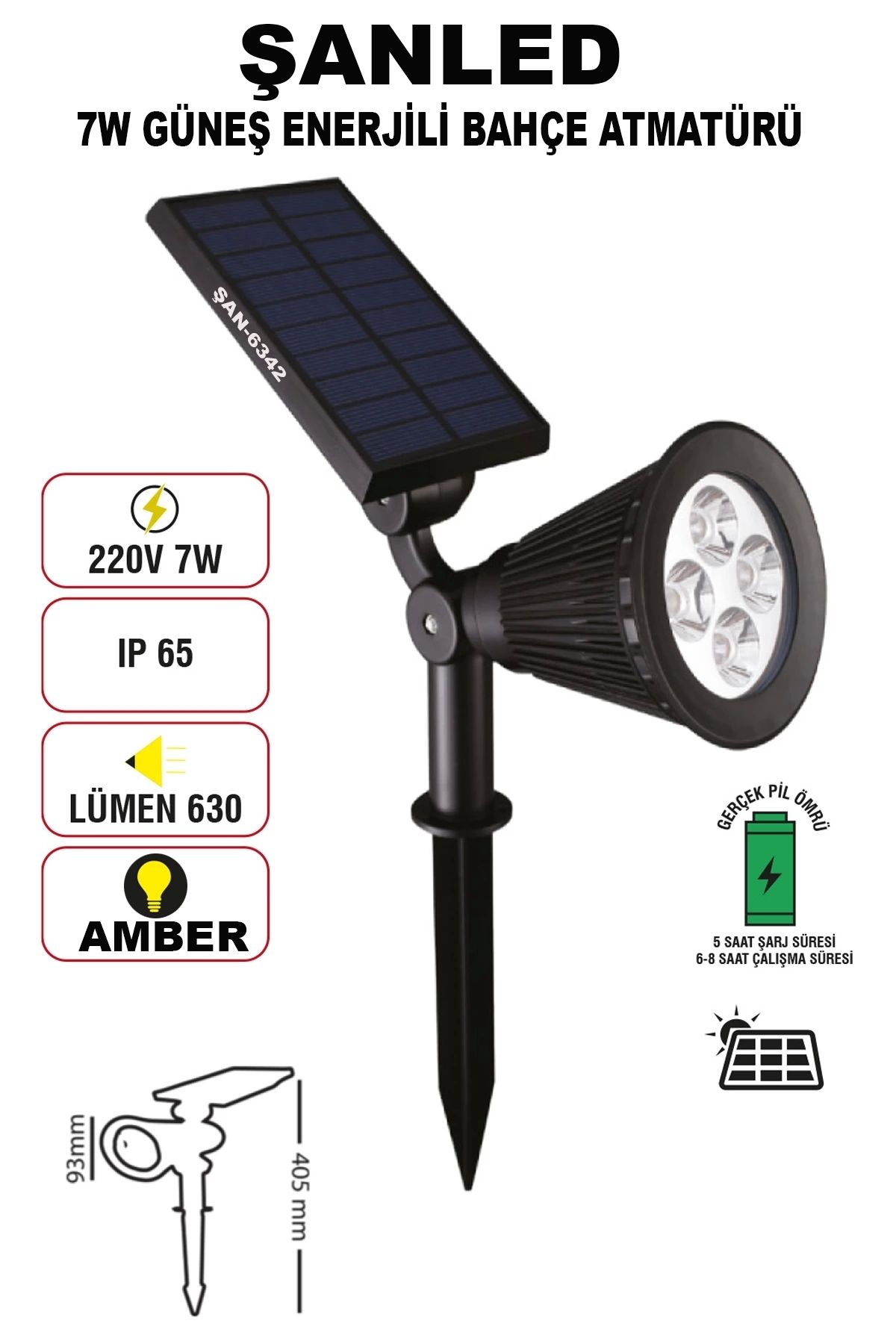 ŞANLED 7w Güneş Enerjili Amber Işık Profesyonel Bahçe Sokak Dış mekan Aydınlatma Projektör 5 Adet