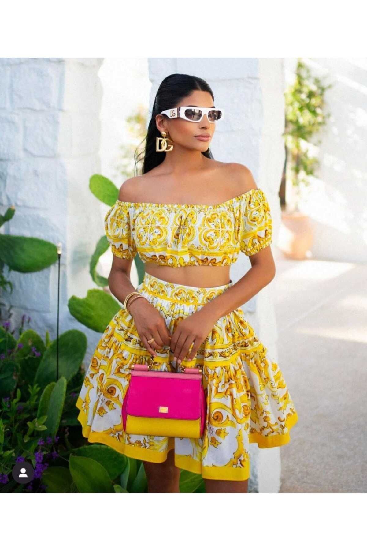 Butik Şenel Baskılı Crop Etek Mini Takım