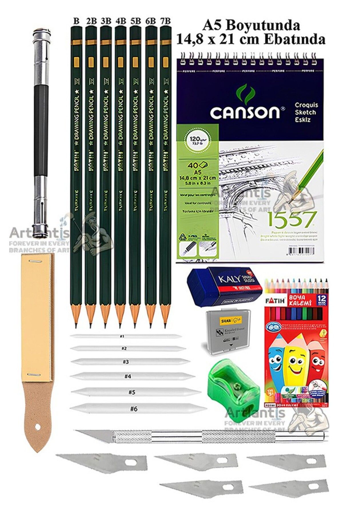 Artlantis Canson Eskiz Defteri A5 40 Yaprak Fatih Dereceli Kalem Kretuar 12 Renk Kuru Boya Sketch Karakalem 6