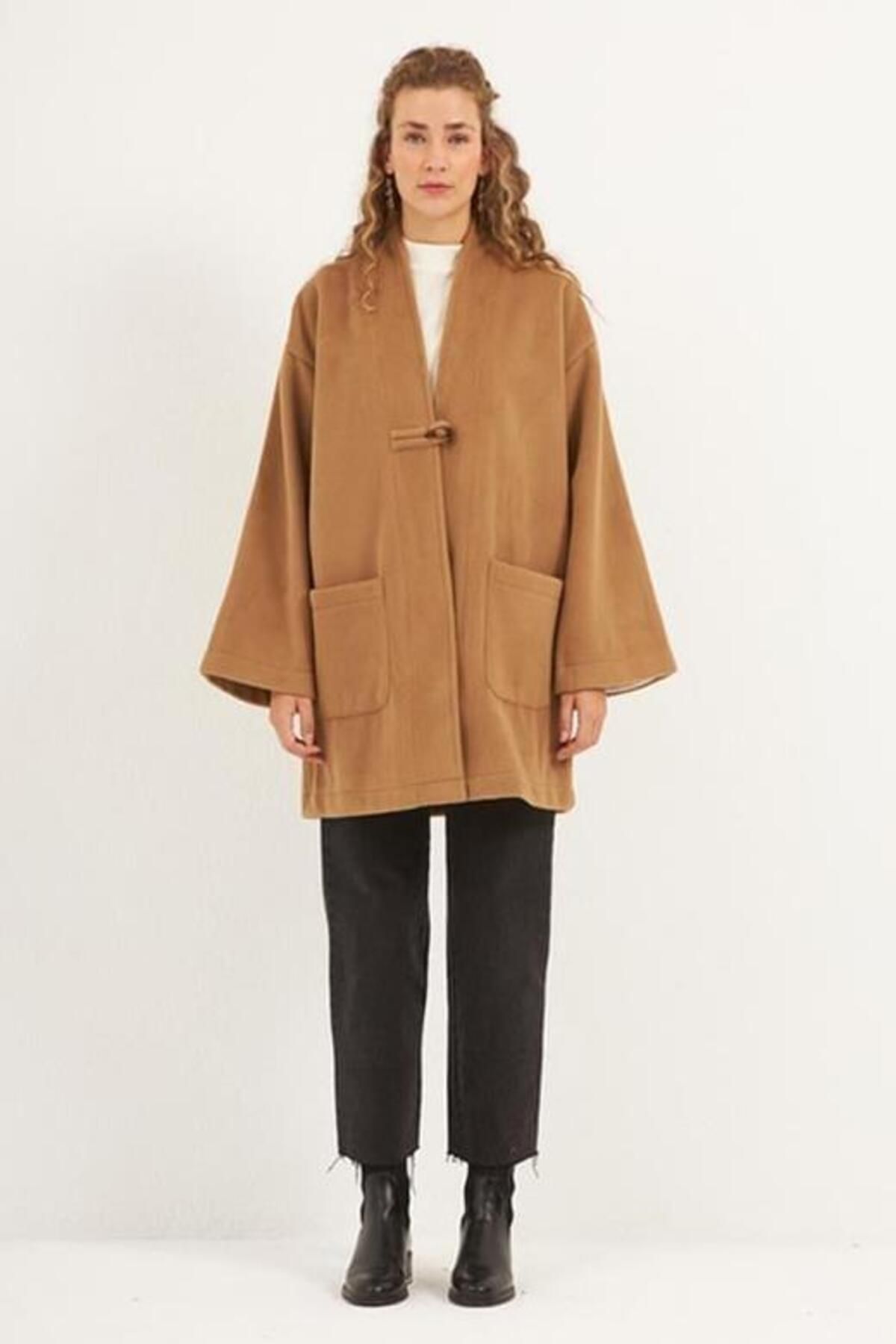 ALYOSHA FASHION Çoban Düğmeli Kaşe Kaban Camel