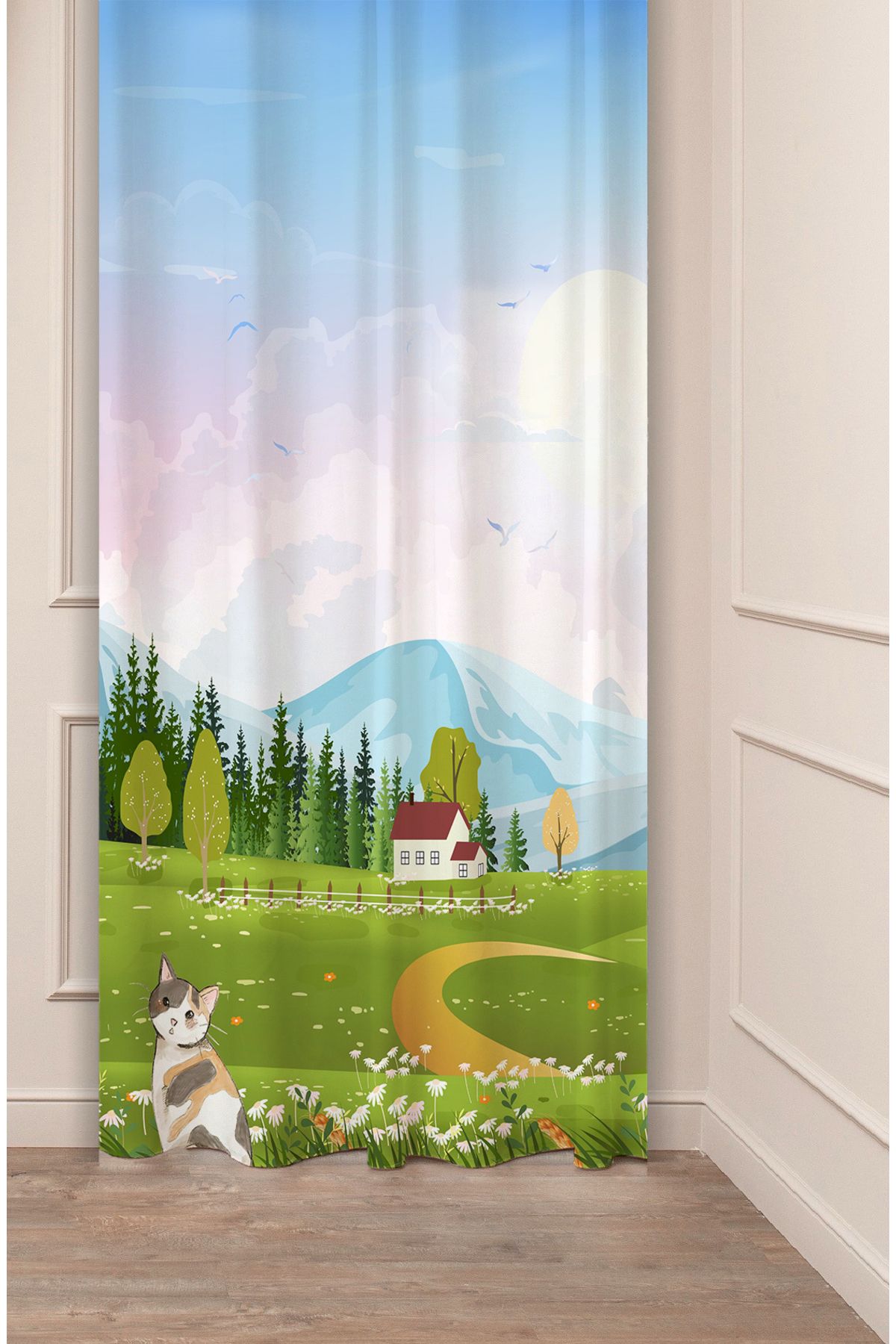 GREENDECOR Yayla Tatlı Ev Kedi Dağ Huzur Manzara Desenli Özel Tasarım Dijital Baskılı (Tek Kanat) Şık Fon Perde