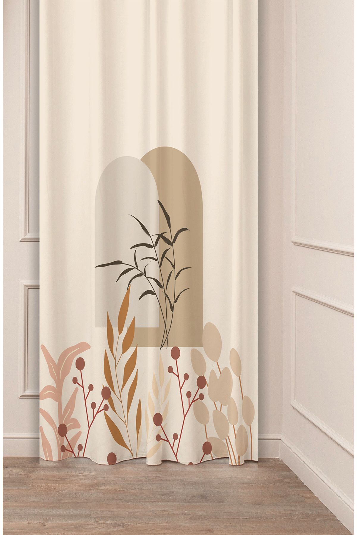 GREENDECOR Çiçekli Bohem Minimalist Yaprak Krem Bej Desenli Özel Tasarım Dijital Baskılı (Tek Kanat) Fon Perde