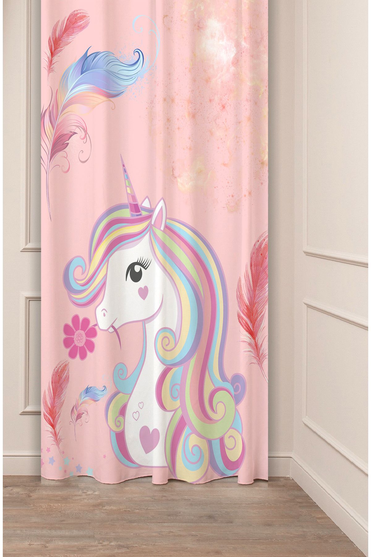 GREENDECOR Unicorn Pembe Çiçek Yaprak Çocuk Odası Desenli Özel Tasarım Dijital Baskılı (Tek Kanat) Fon Perde