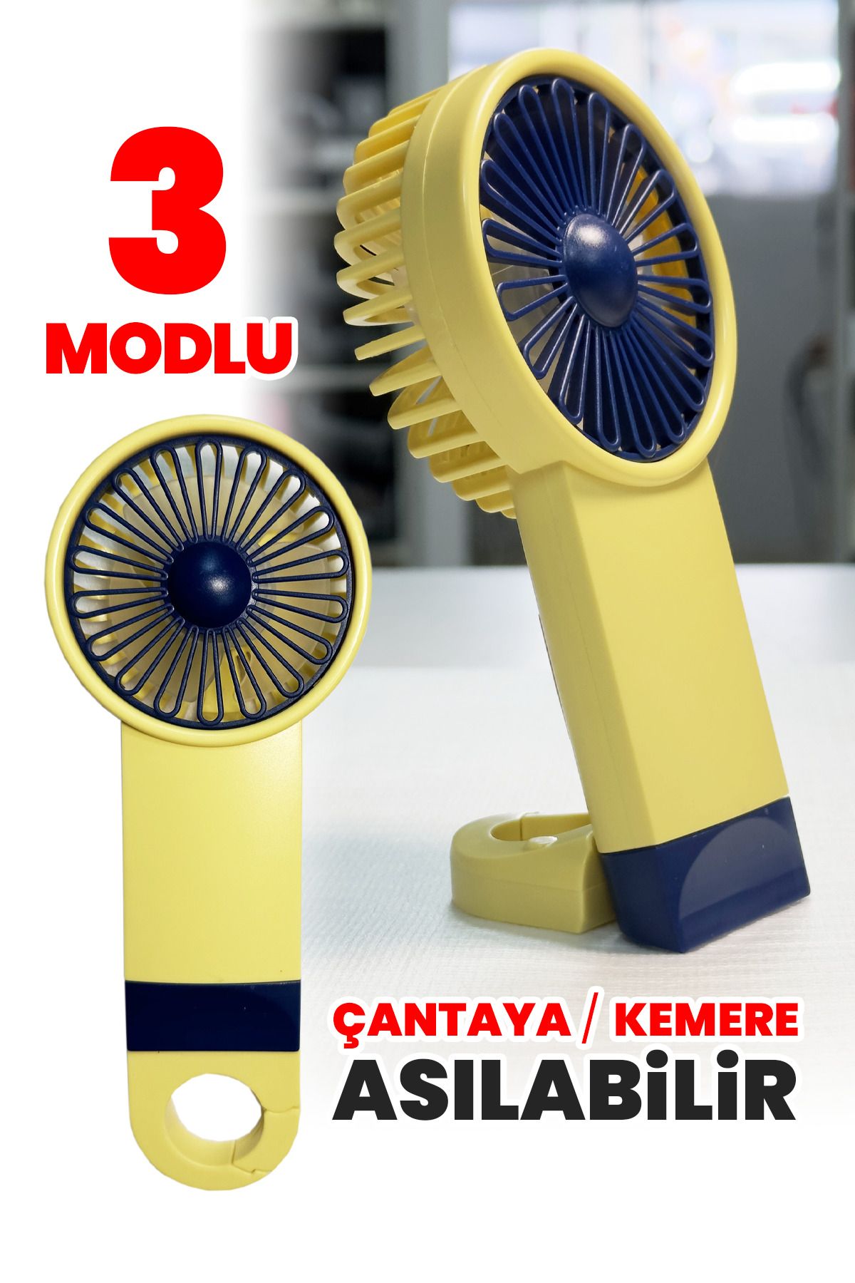 Aksesuarcı Şarjlı Mini El Fanı Standlı Çantaya Kemere Asılabilir, 3 Modlu Güçlü Serinletici Vantilatör Pervane