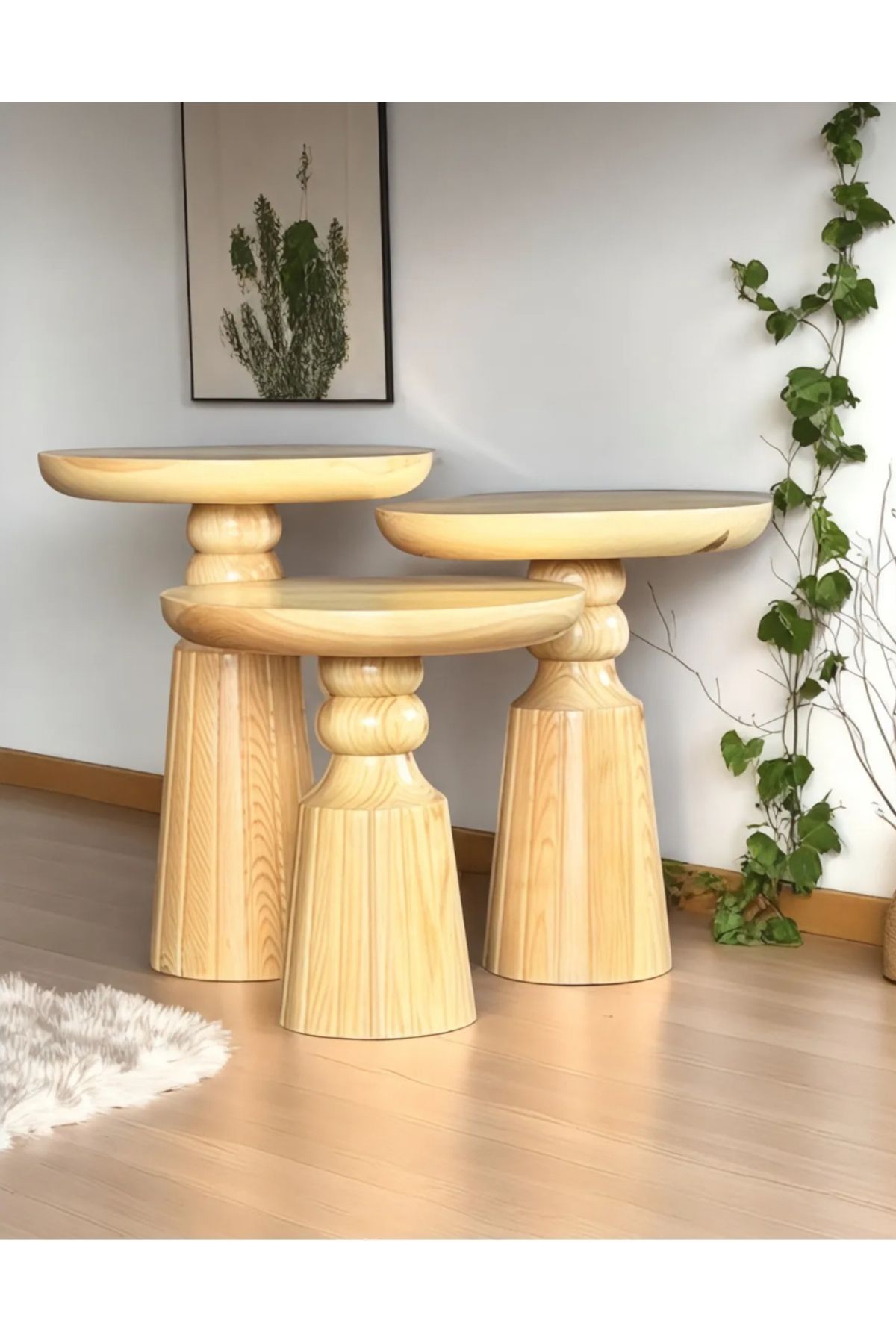 AYLESA Doğal Ahşap 3’lü Set Mantar Yan Sehpa Modern Vernikli Fiskos Zigon Çiçeklik