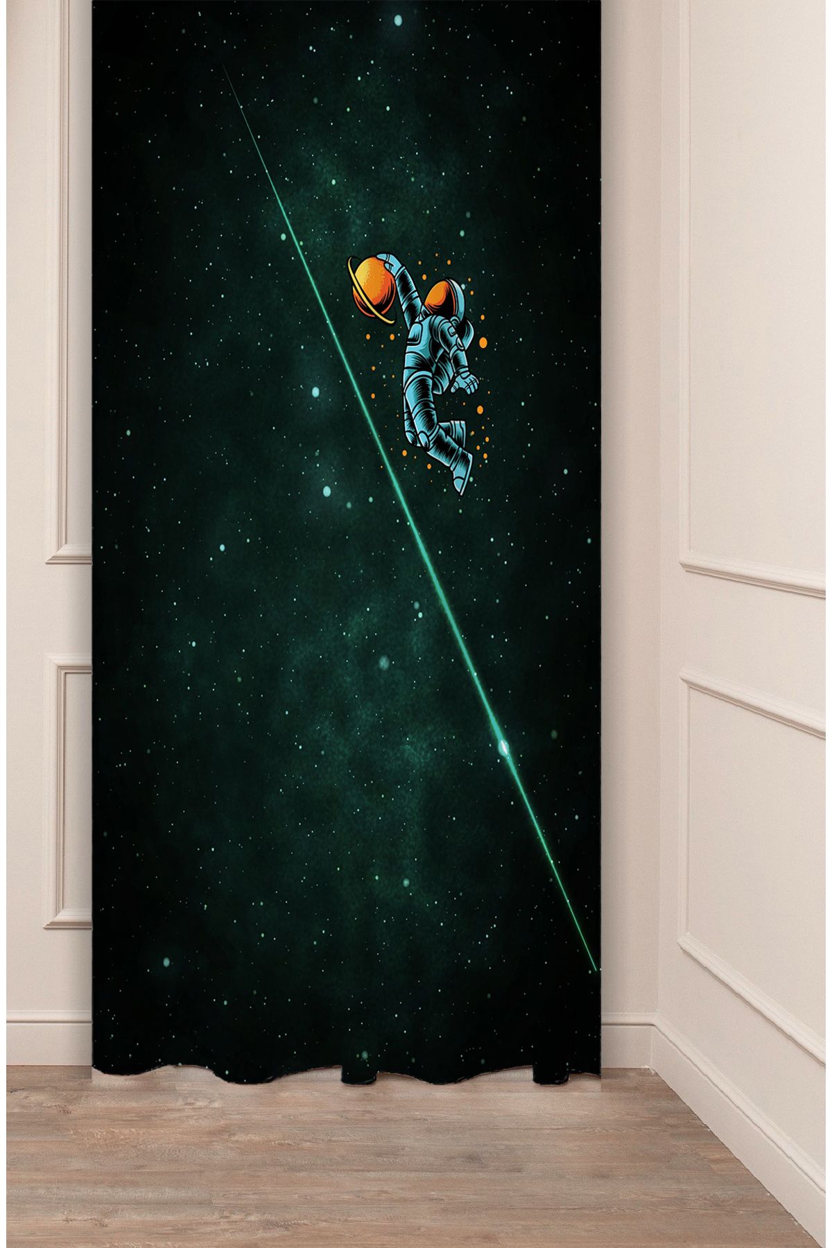 GREENDECOR Uzay Gezegen Astronot Yıldızlar Özel Tasarım Dijital Baskılı (Tek Kanat) Şık Modern Bohem Fon Perde