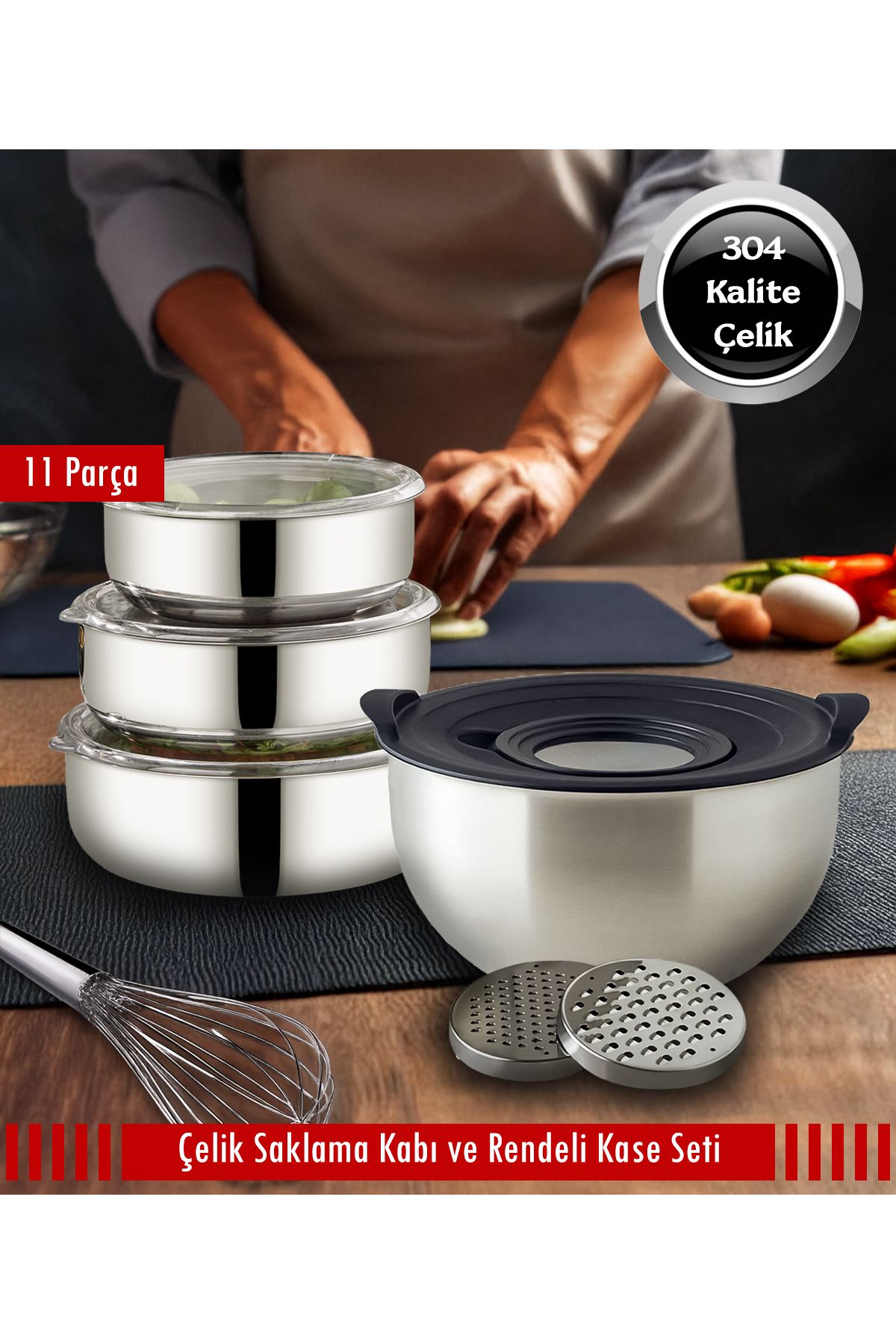 Stell&More Çelik 3'lü Saklama Kabı ve 24cm Rendeli Saklama Kabı 11 Parça Set