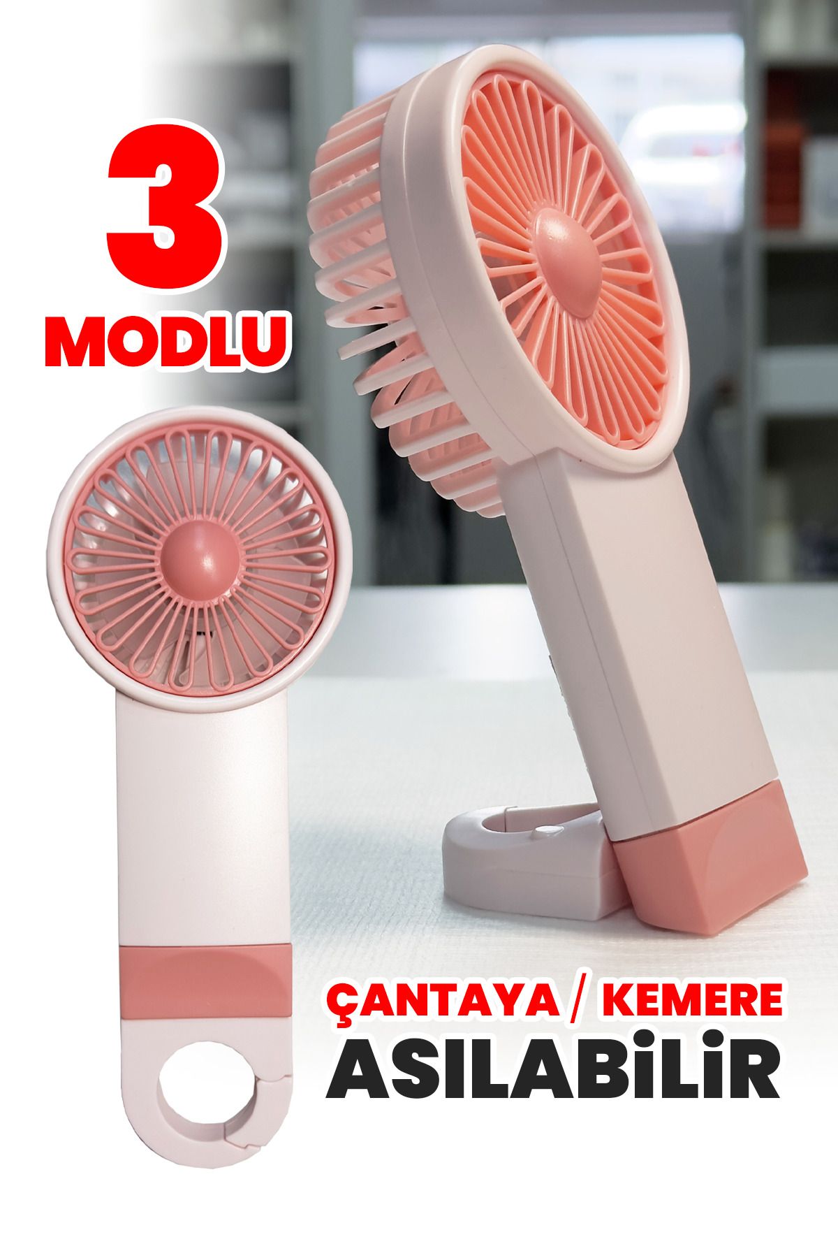 Aksesuarcı Şarjlı Mini El Fanı Standlı Çantaya Kemere Asılabilir, 3 Modlu Güçlü Serinletici Vantilatör Pervane