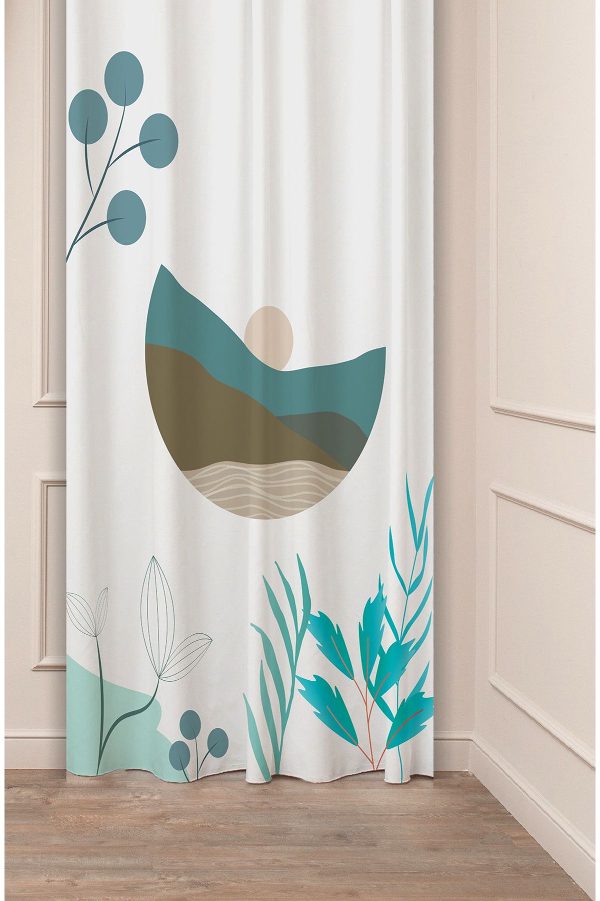 GREENDECOR Manzara Yaprak Turkuaz Bohem Desenli Özel Tasarım Dijital Baskılı (Tek Kanat) Modern Şık Fon Perde