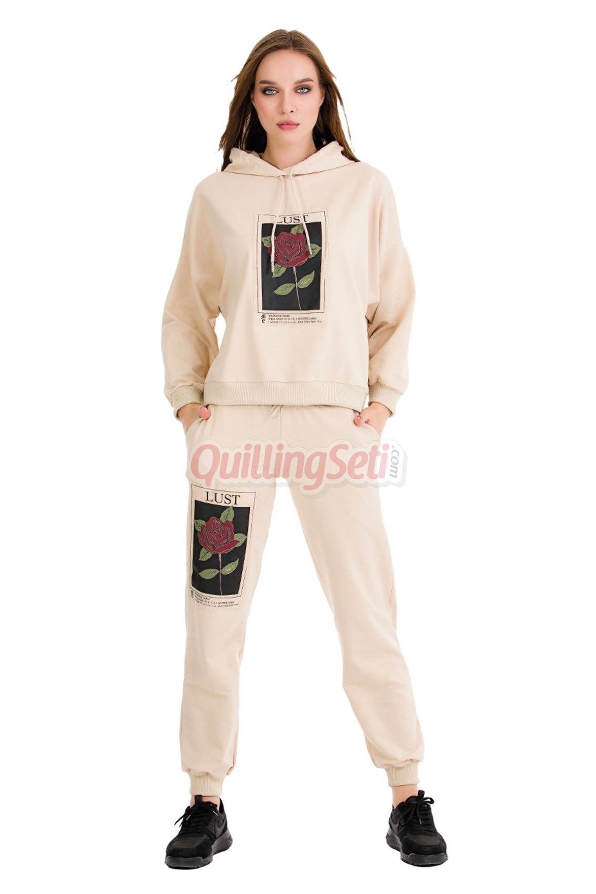 quilling Uzun Kol 22072 Kapüşonlu ve Kanguru Cepli Krem Renk Kadın Spor Eşofman Takımı