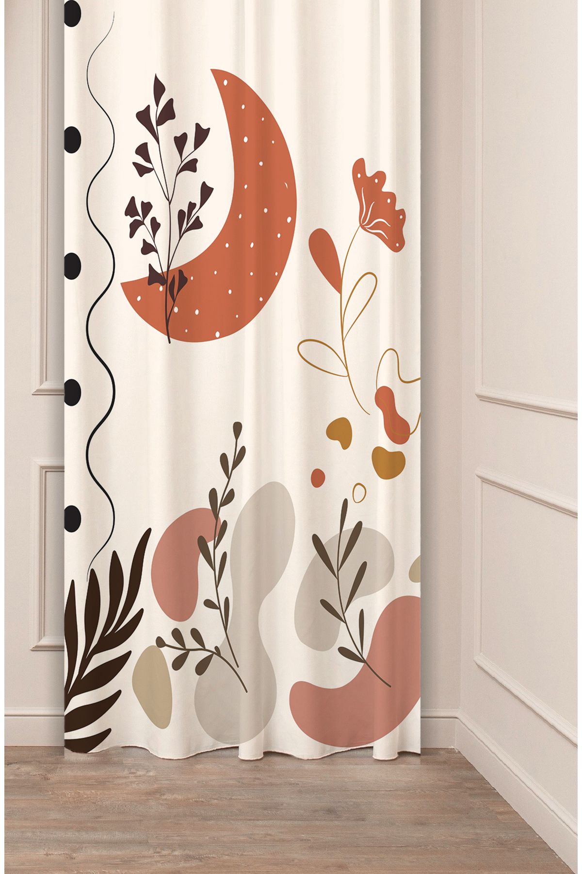 GREENDECOR Çiçekli Bohem Minimalist Yaprak Krem Bej Desenli Özel Tasarım Dijital Baskılı (Tek Kanat) Fon Perde