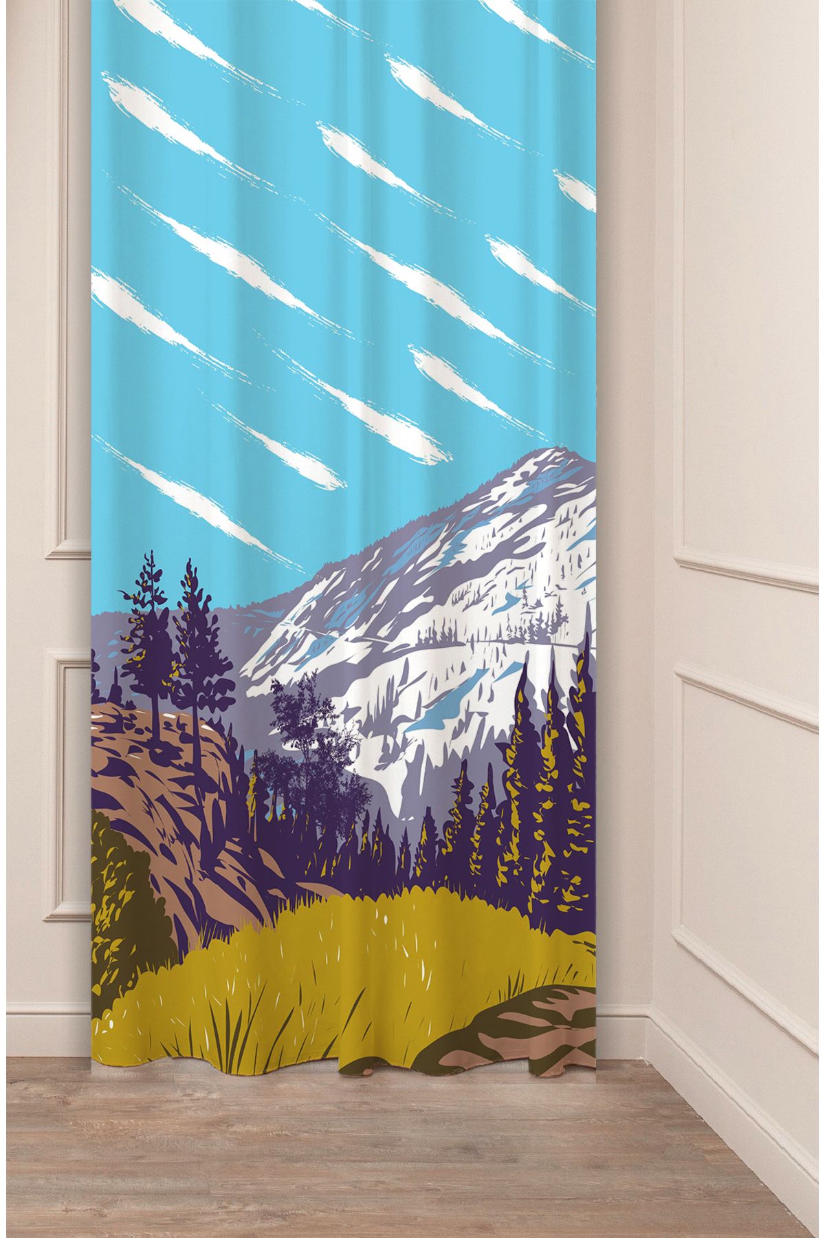 GREENDECOR Dağ Kar Çam Ağaç Manzara Bohem Desenli Özel Tasarım Dijital Baskılı (Tek Kanat) Modern Şık Fon Perde
